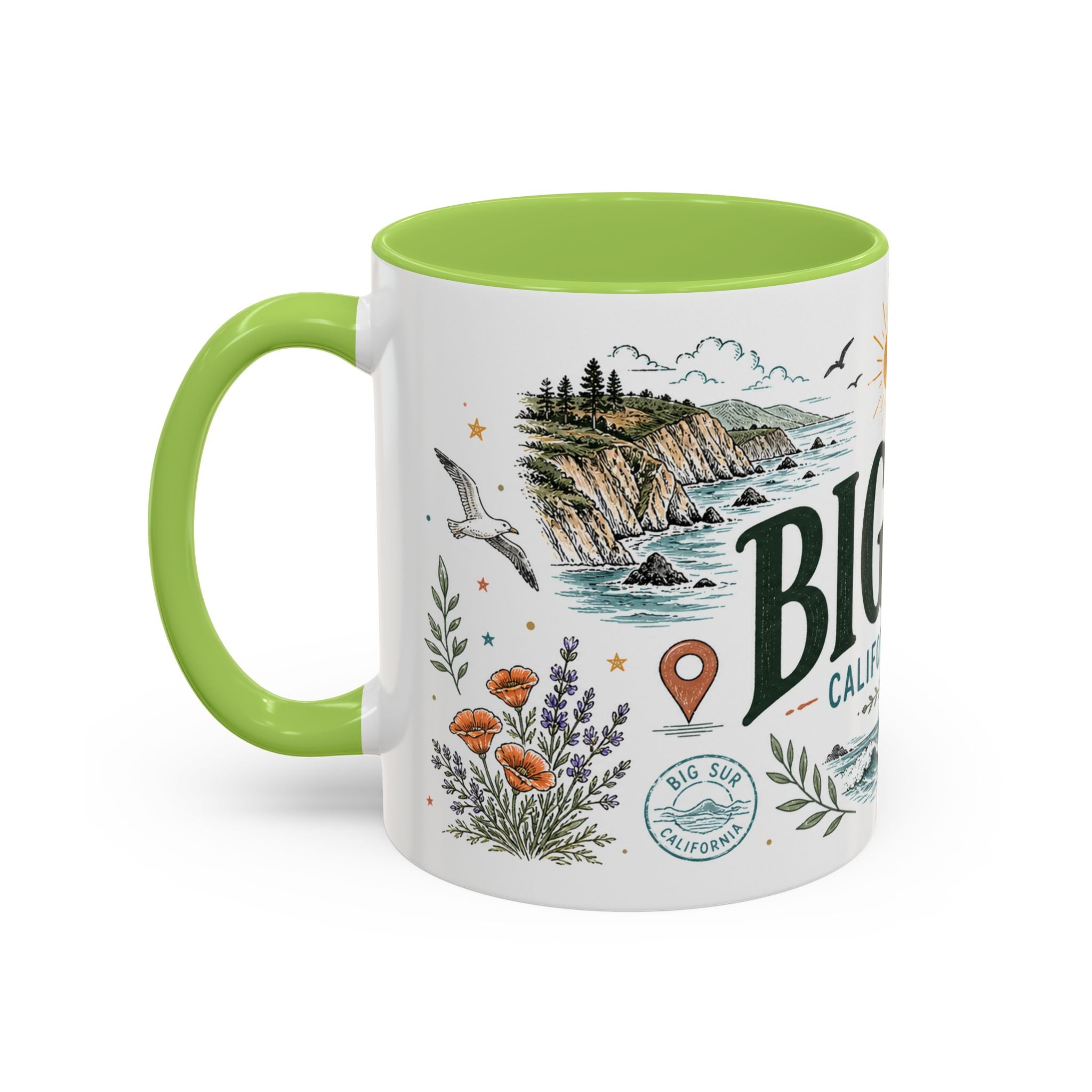 Big Sur Coffee Mug | Travel Destination Souvenir Gift | Accent Color Ceramic 11oz 15oz