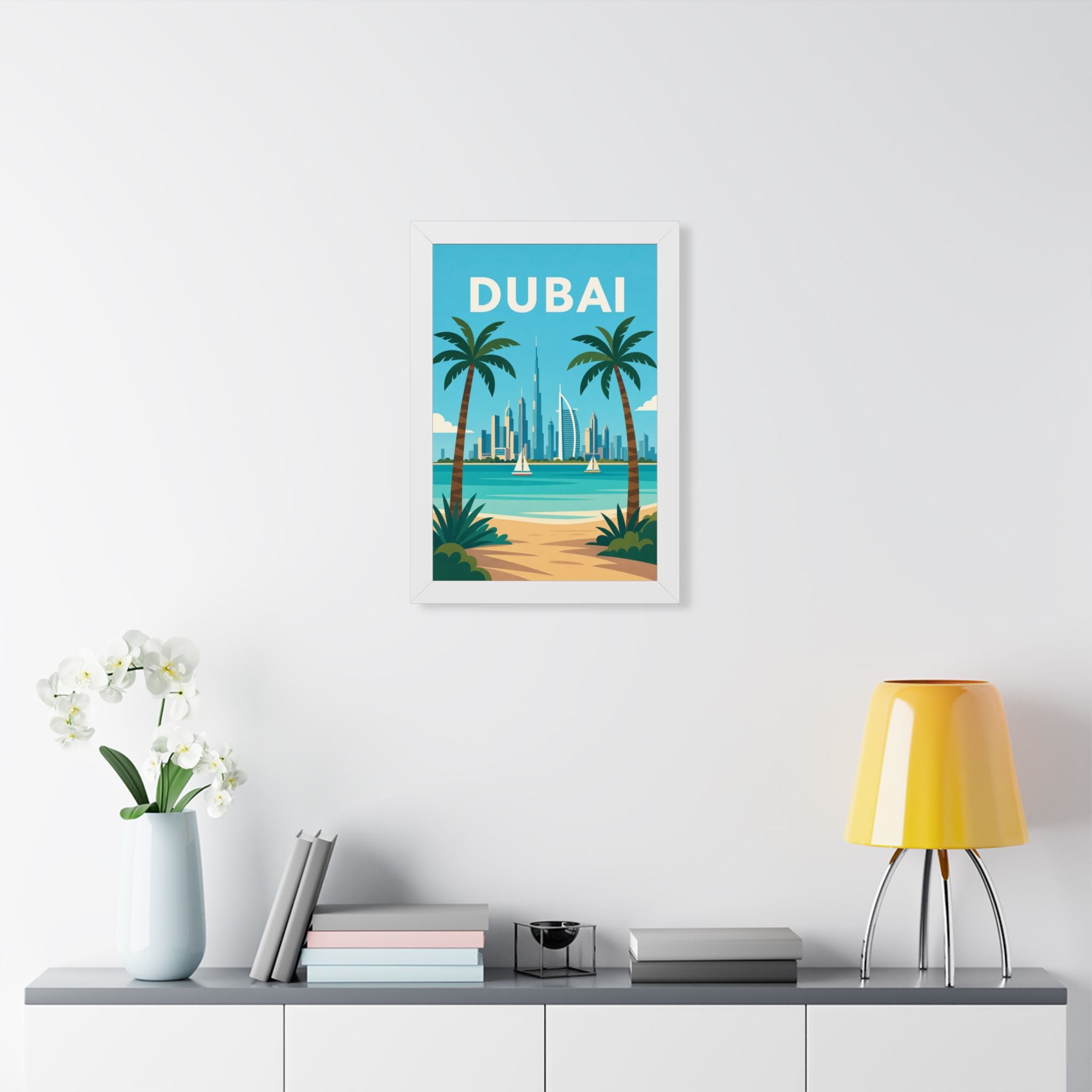 Dubai Beach United Arab Emirates Framed Poster | Vintage Travel Wall Art | Black Walnut White Frame | 16x24 20x30