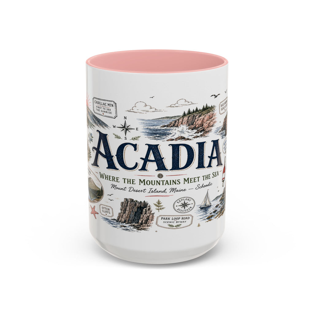 Acadia Coffee Mug | National Park Hiking Coastal Gift | Accent Color Ceramic 11oz 15oz