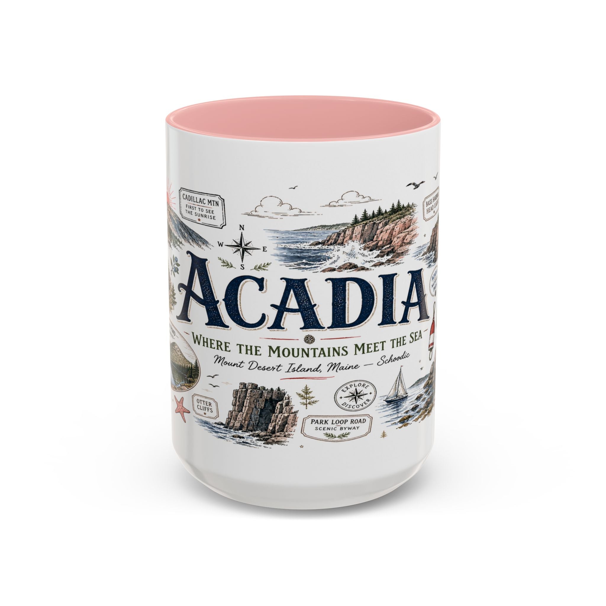 Acadia Coffee Mug | National Park Hiking Coastal Gift | Accent Color Ceramic 11oz 15oz