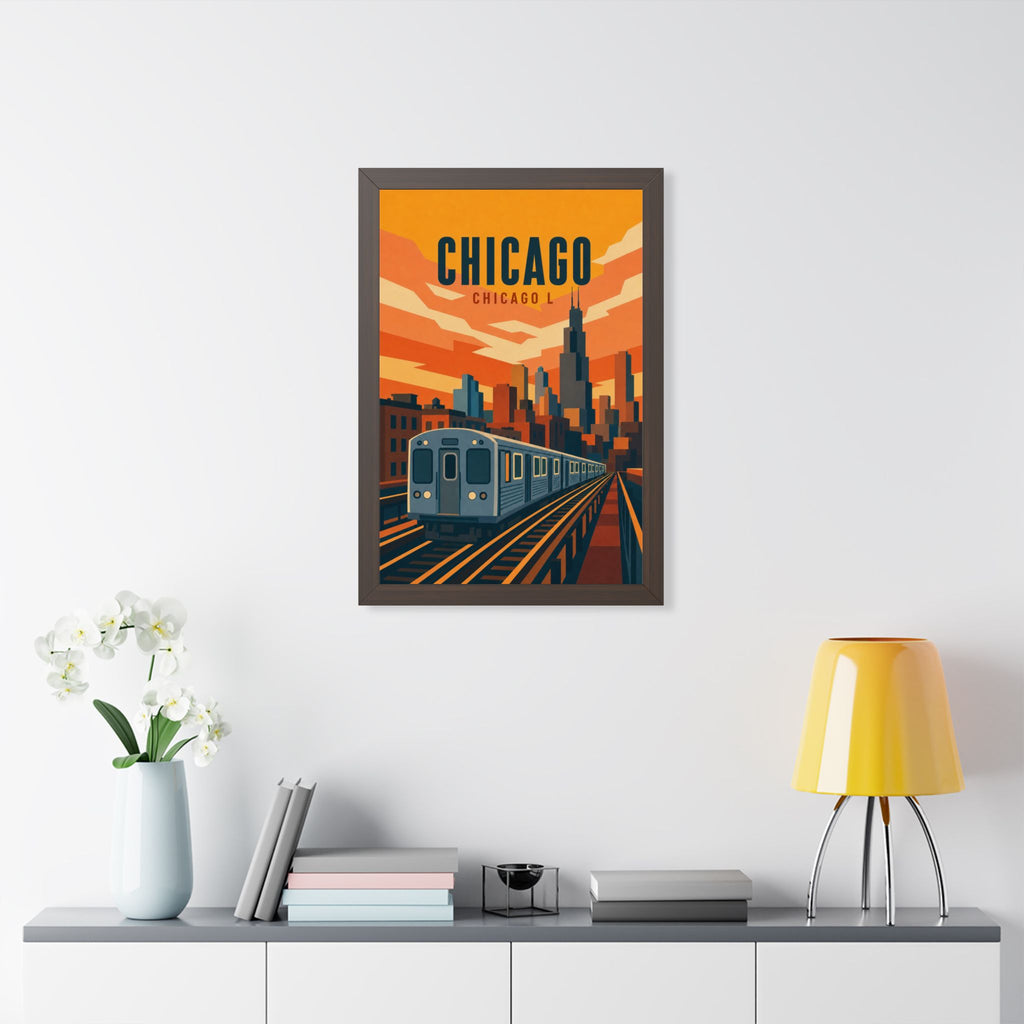 Chicago L Train United States Framed Poster | Vintage Travel Wall Art | Black Walnut White Frame | 16x24 20x30