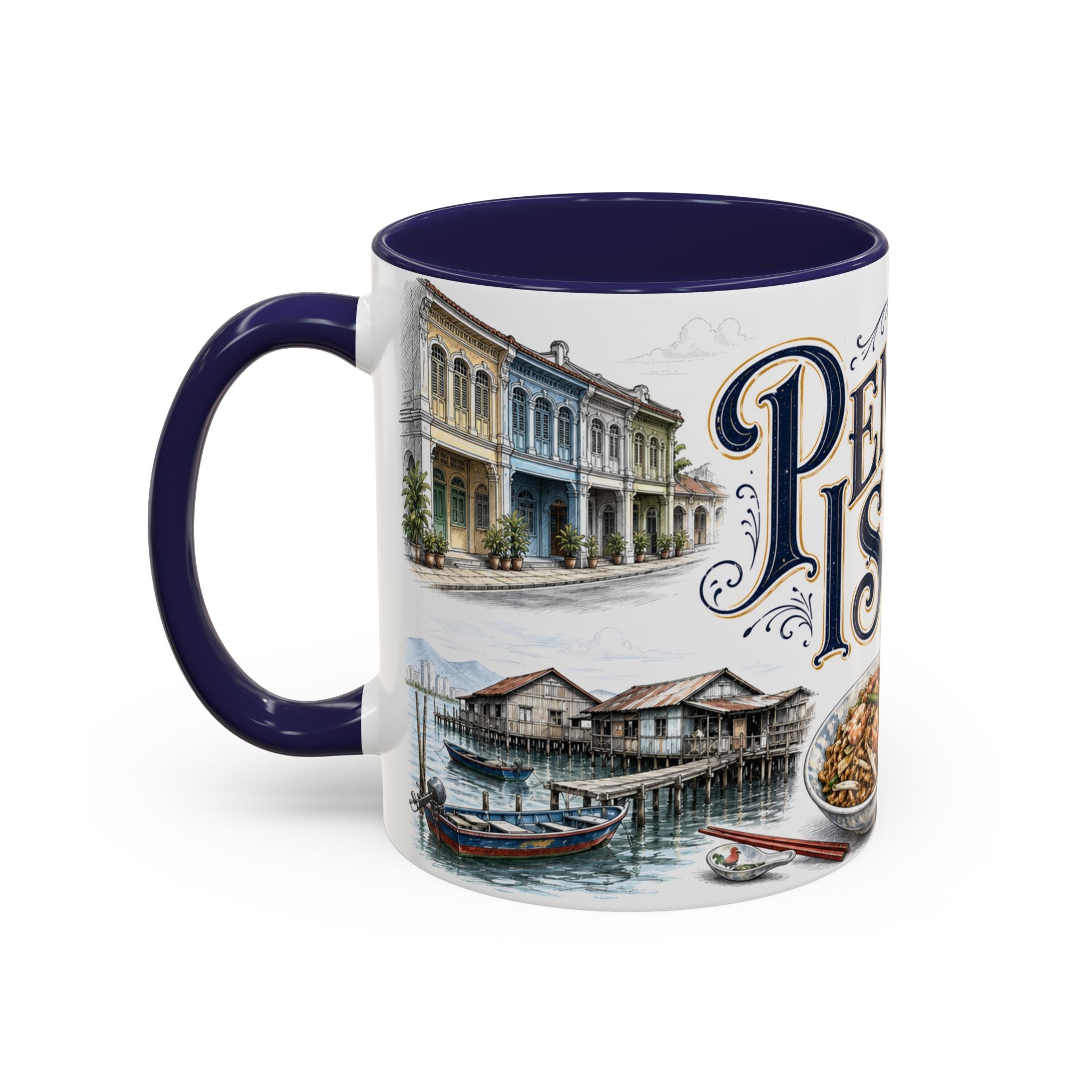 Penang Island Coffee Mug | Malaysia Travel Souvenir | Vintage Illustrated City Gift | 11 oz 15 oz Accent Mug