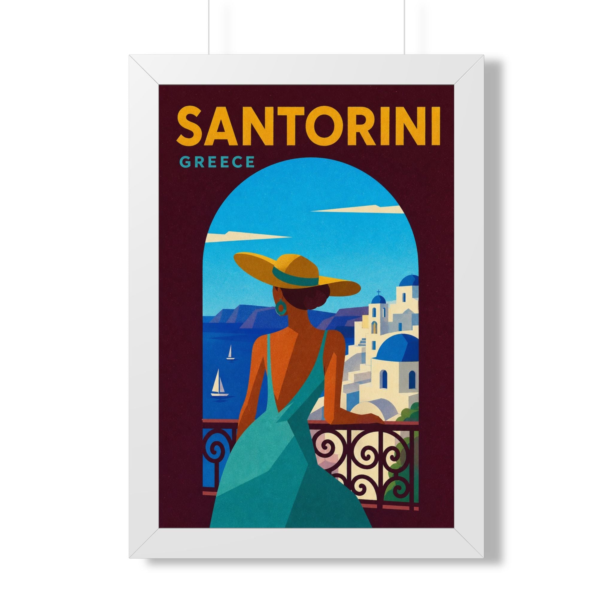 Santorini Greece Framed Poster | Vintage Travel Wall Art | Black Walnut White Frame | 16x24 20x30