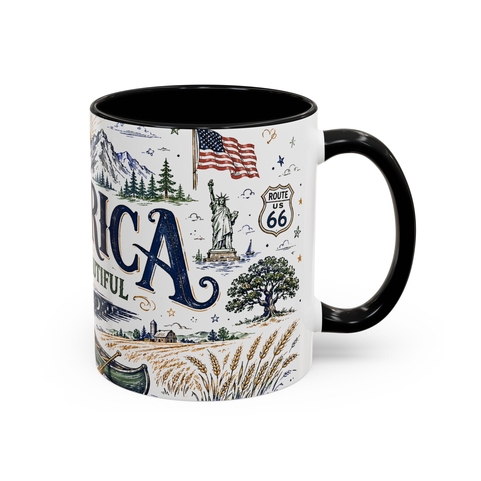 America the Beautiful Coffee Mug | Patriotic USA Gift | Accent Color Ceramic 11oz 15oz