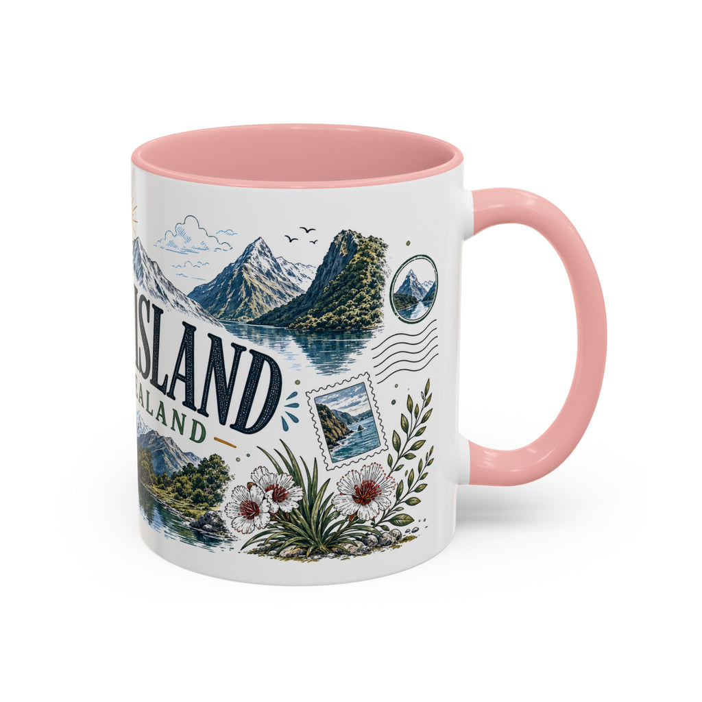 New Zealand South Island Coffee Mug | Travel Destination Souvenir Gift | Accent Color Ceramic 11oz 15oz