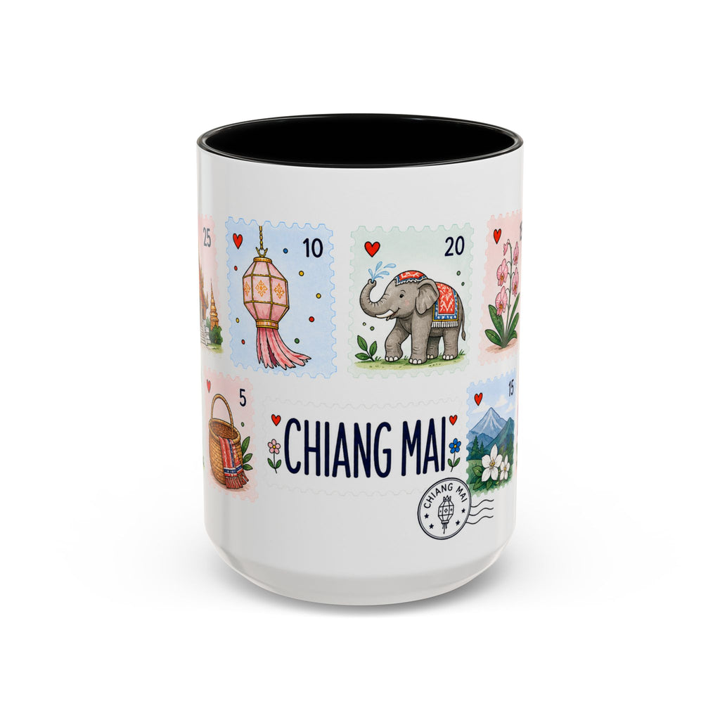 Chiang Mai Coffee Mug | Postage Stamp Collage Mug | Travel Souvenir Accent Cup 11oz 15oz