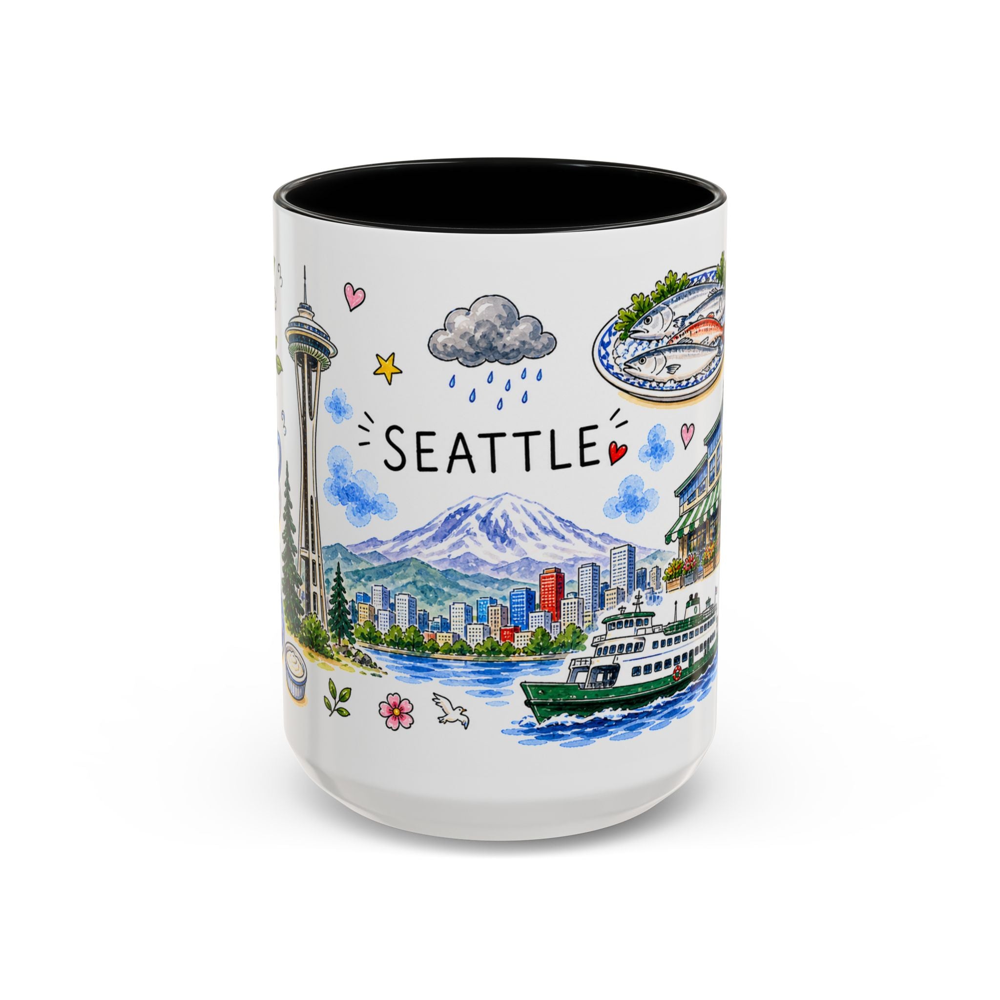 Seattle Illustrated Travel Mug | City Souvenir Accent Coffee Mug | 11oz 15oz Ceramic Cup