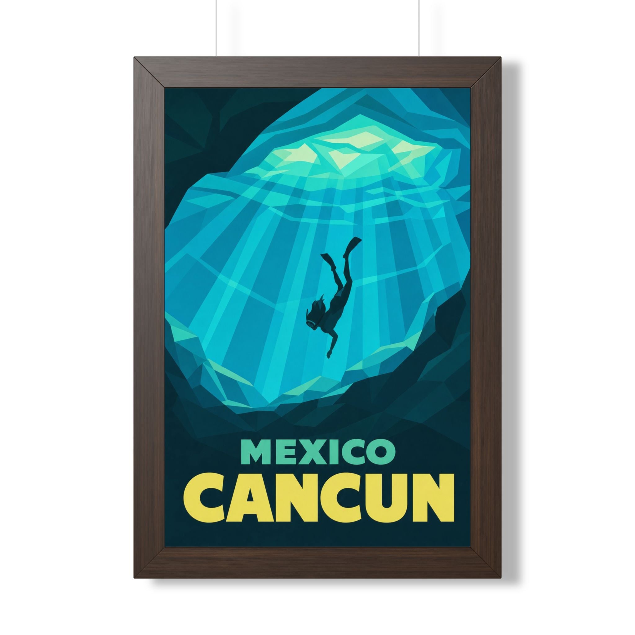 Cancún Cenote Mexico Framed Poster | Vintage Travel Wall Art | Black Walnut White Frame | 16x24 20x30