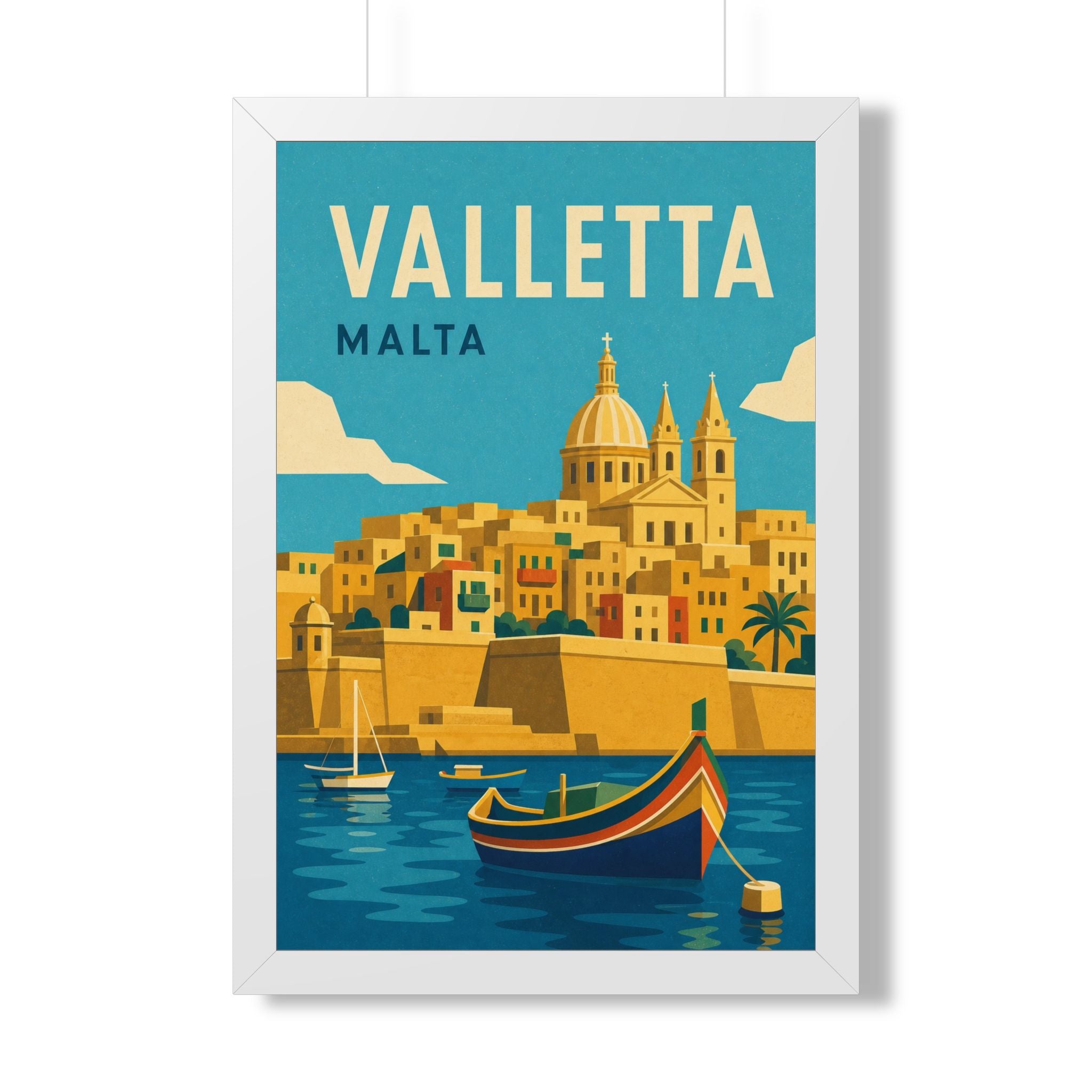 Valletta Malta Framed Poster | Vintage Travel Wall Art | Black Walnut White Frame | 16x24 20x30