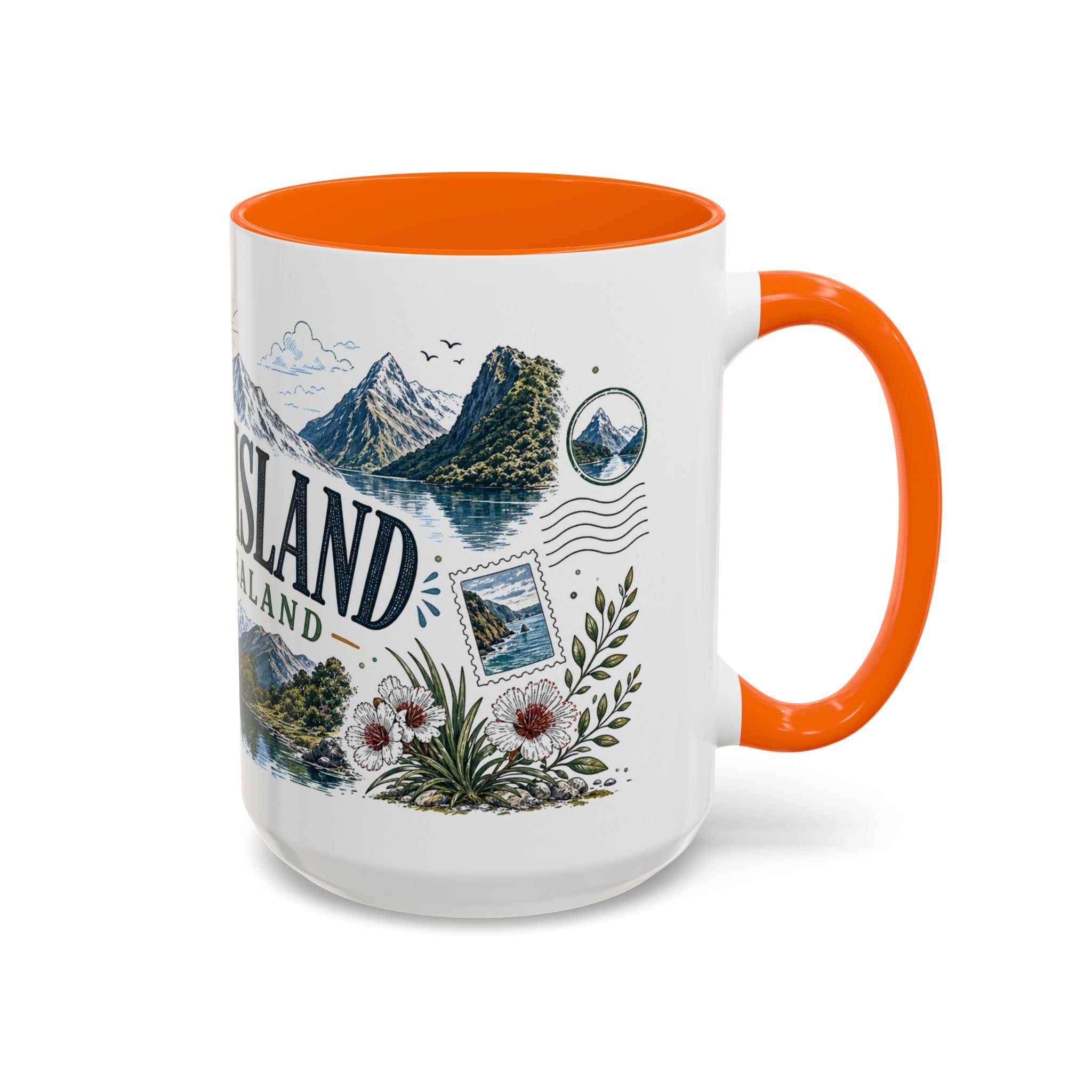 New Zealand South Island Coffee Mug | Travel Destination Souvenir Gift | Accent Color Ceramic 11oz 15oz