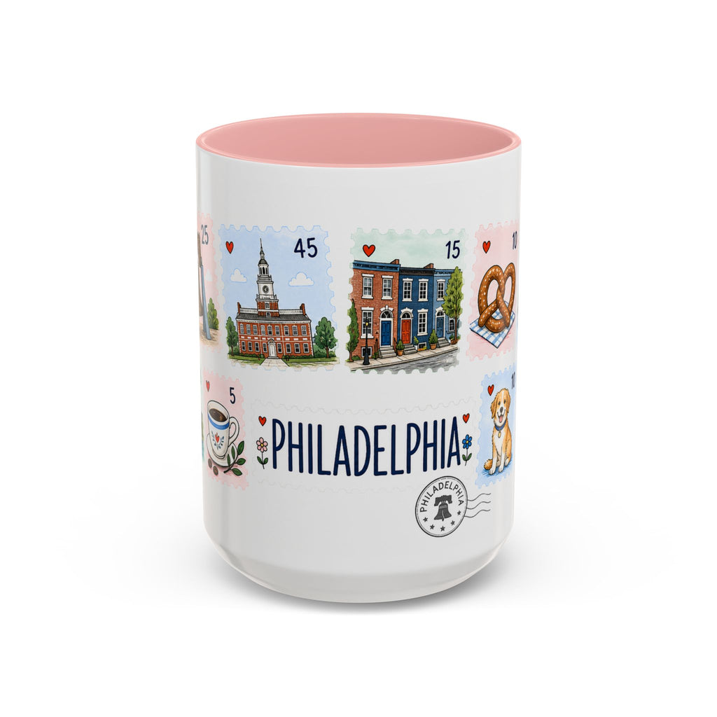 Philadelphia Coffee Mug | Postage Stamp Collage Mug | Travel Souvenir Accent Cup 11oz 15oz