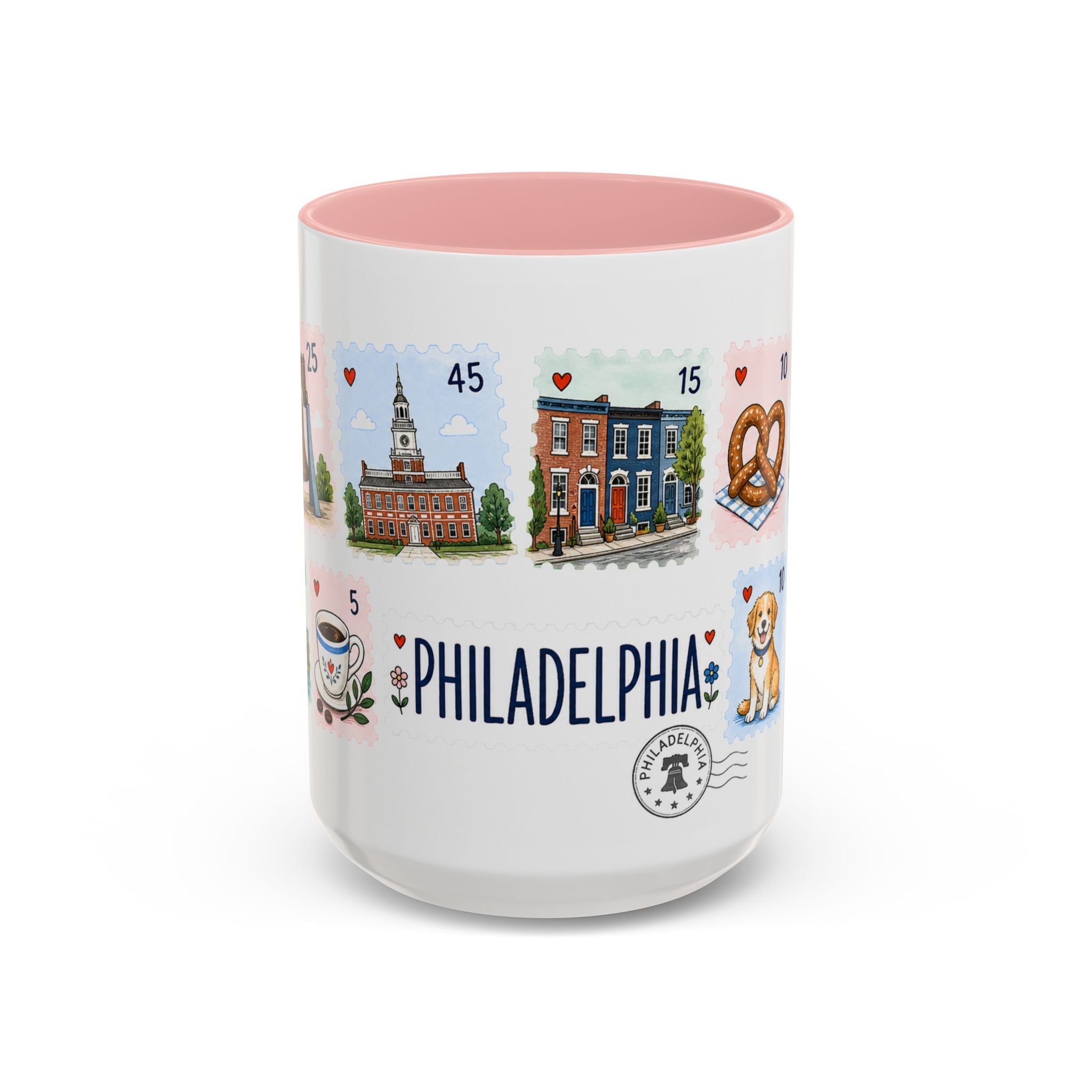 Philadelphia Coffee Mug | Postage Stamp Collage Mug | Travel Souvenir Accent Cup 11oz 15oz