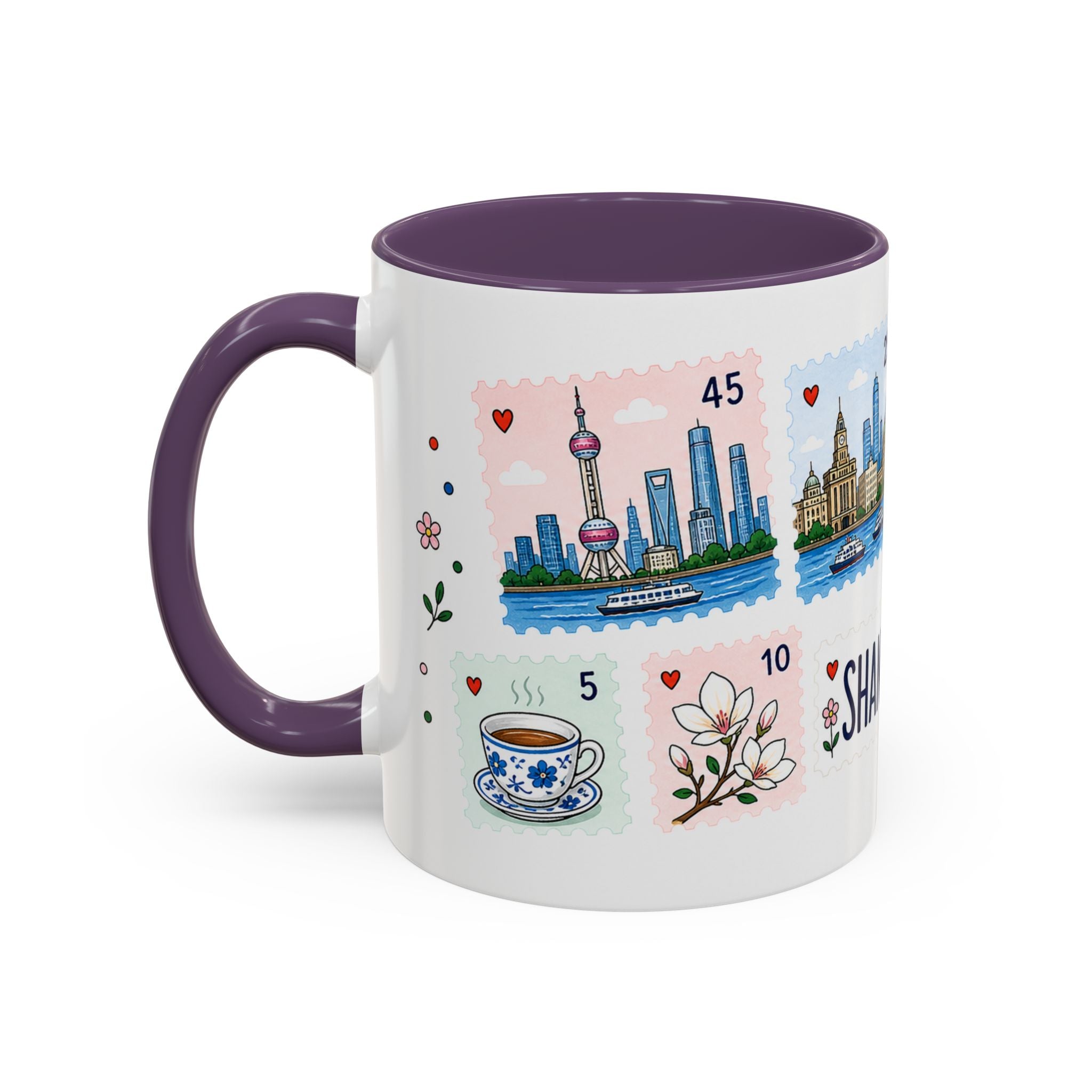 Shanghai Coffee Mug | Postage Stamp Collage Mug | Travel Souvenir Accent Cup 11oz 15oz