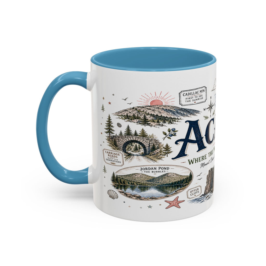 Acadia Coffee Mug | National Park Hiking Coastal Gift | Accent Color Ceramic 11oz 15oz