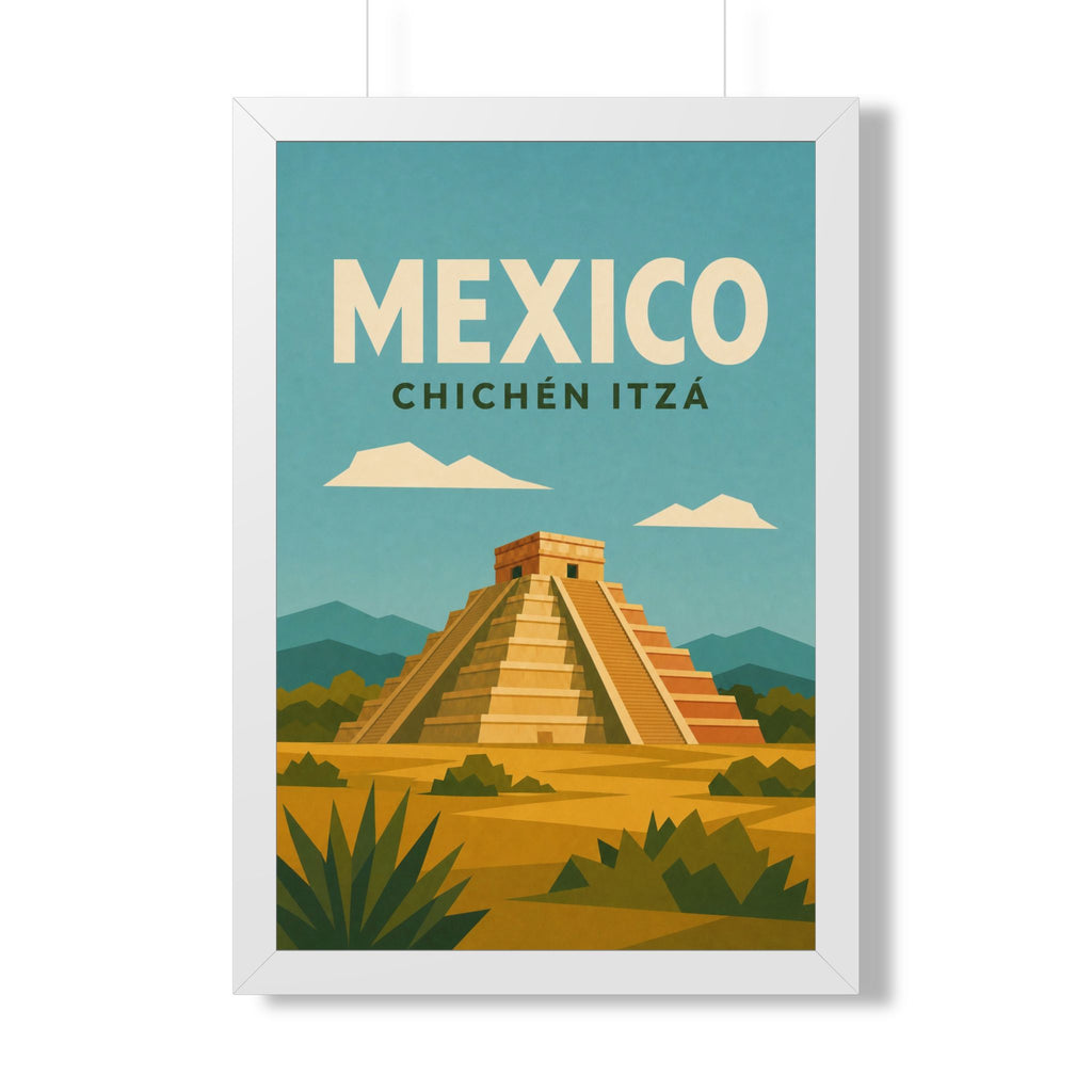 Chichén Itzá Mexico Framed Poster | Vintage Travel Wall Art | Black Walnut White Frame | 16x24 20x30
