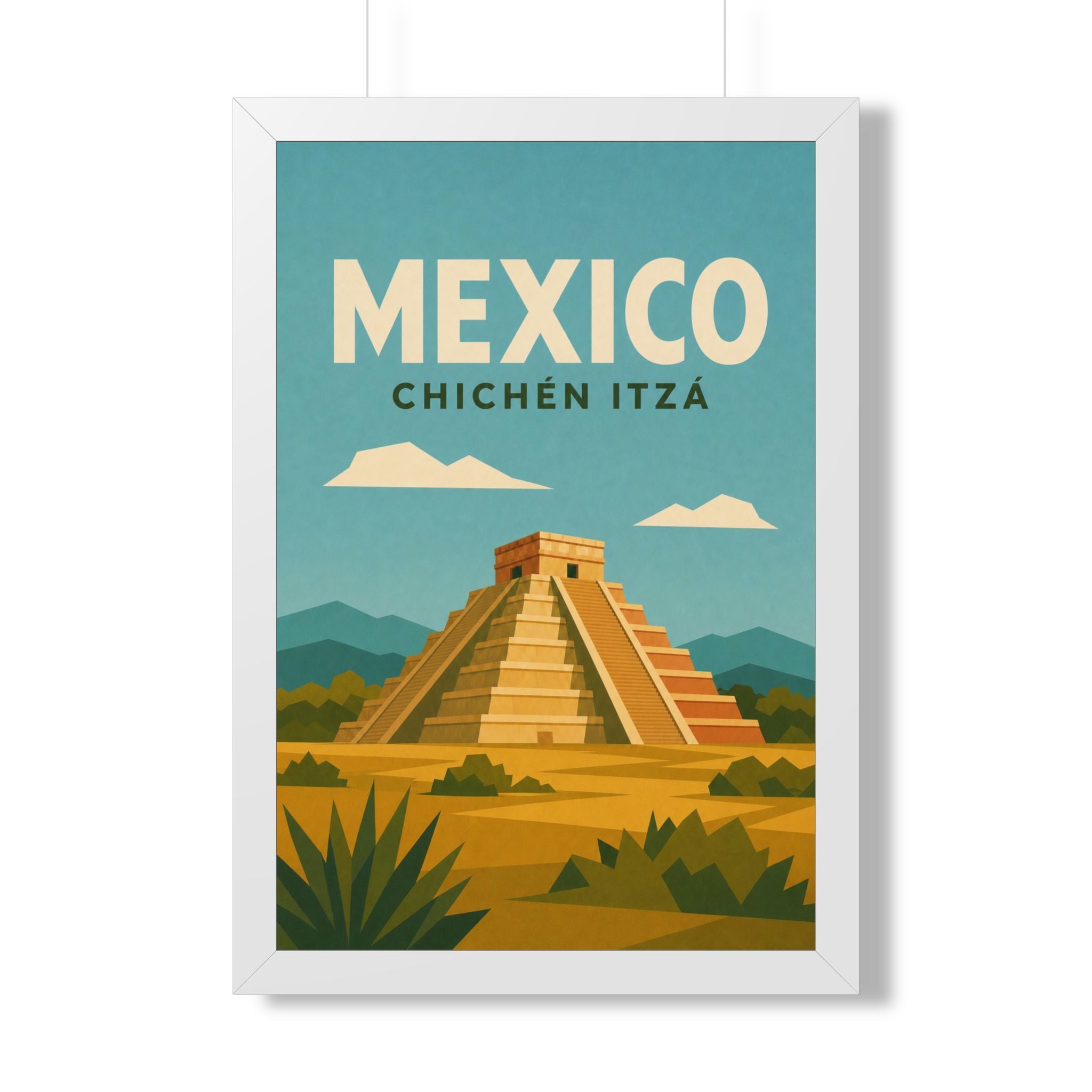 Chichén Itzá Mexico Framed Poster | Vintage Travel Wall Art | Black Walnut White Frame | 16x24 20x30