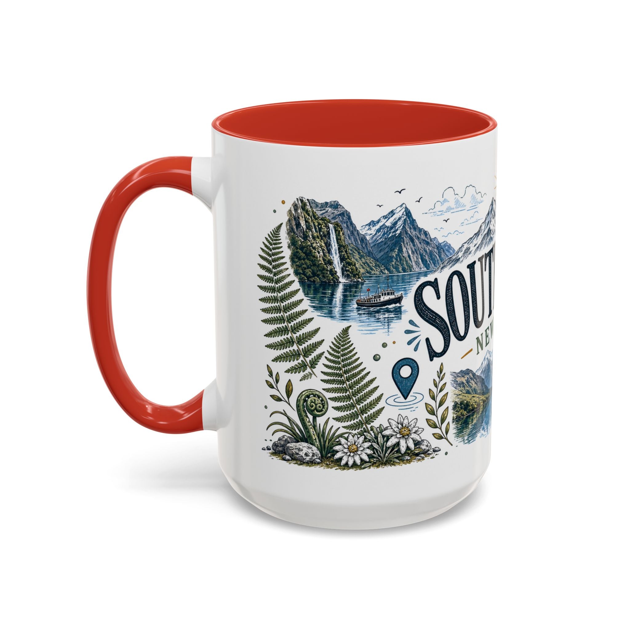 New Zealand South Island Coffee Mug | Travel Destination Souvenir Gift | Accent Color Ceramic 11oz 15oz