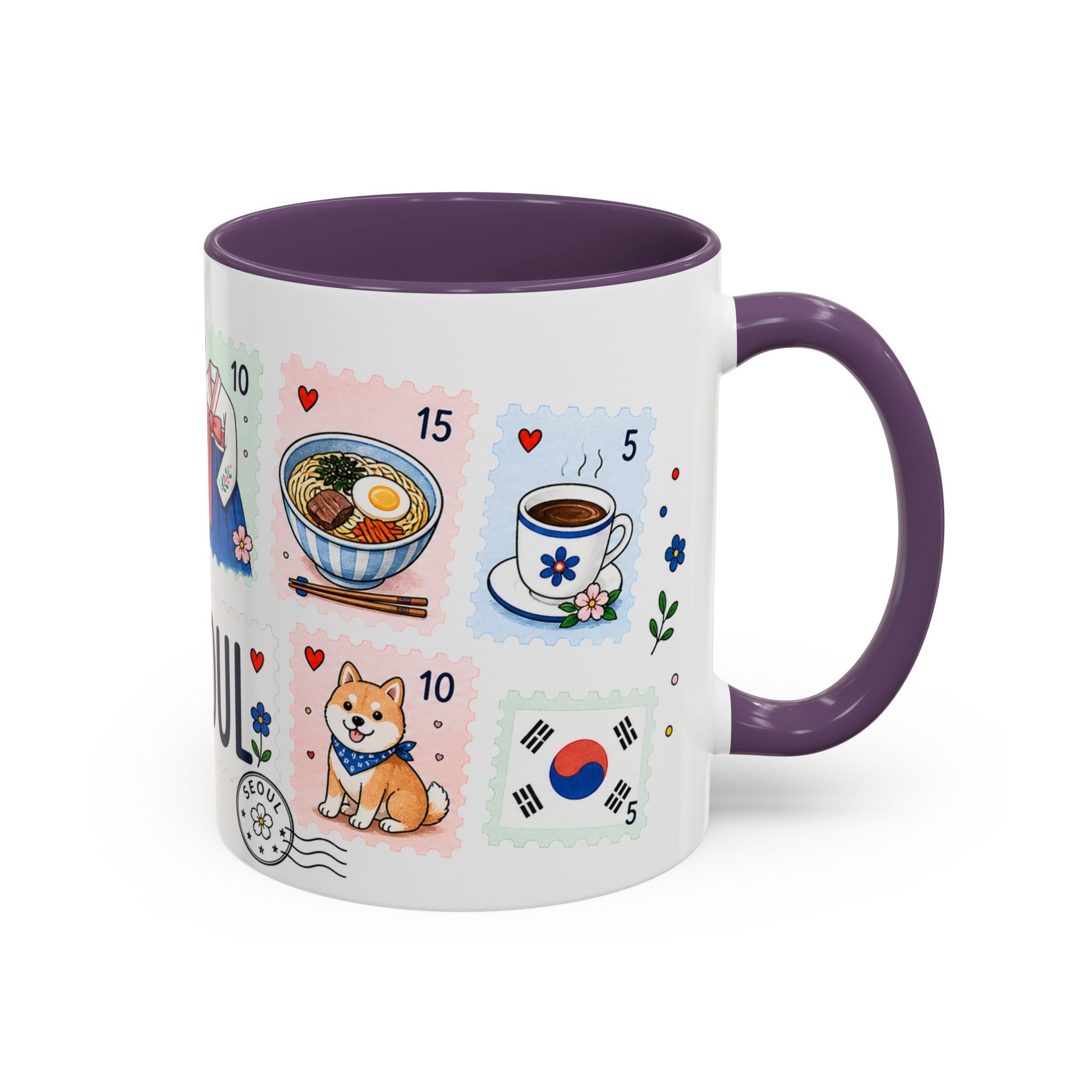 Seoul Coffee Mug | Postage Stamp Collage Mug | Travel Souvenir Accent Cup 11oz 15oz