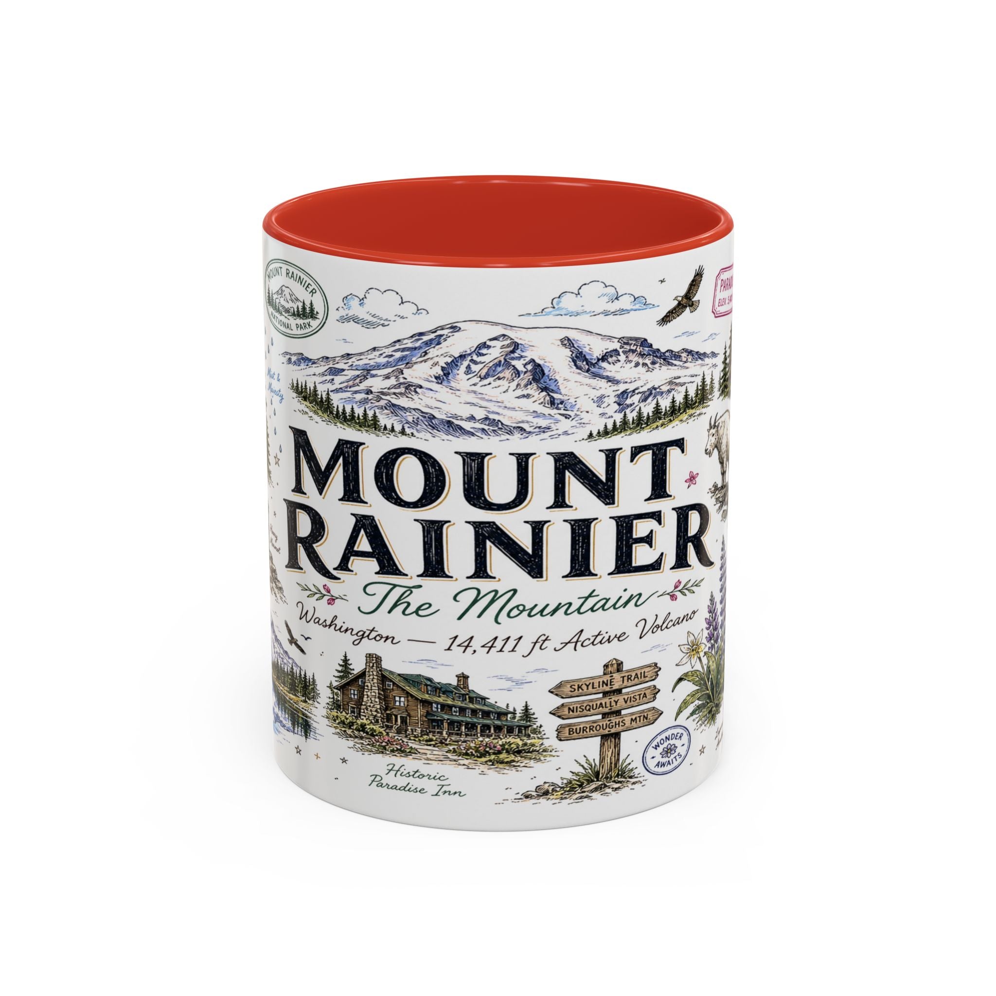 Mount Rainier Coffee Mug | National Park Hiking Washington Gift | Accent Color Ceramic 11oz 15oz