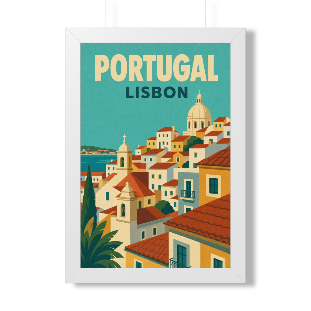 Lisbon Portugal Framed Poster | Vintage Travel Wall Art | Black Walnut White Frame | 16x24 20x30