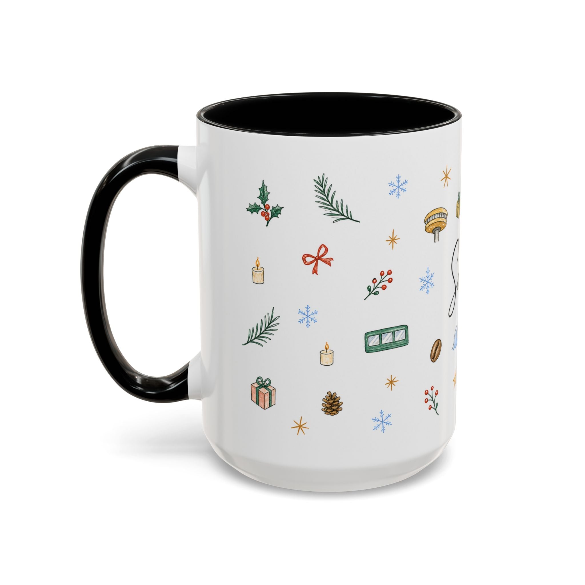 Seattle Christmas Mug | Watercolor Travel Souvenir | Holiday Gift | Accent Ceramic Coffee Cup 11oz 15oz