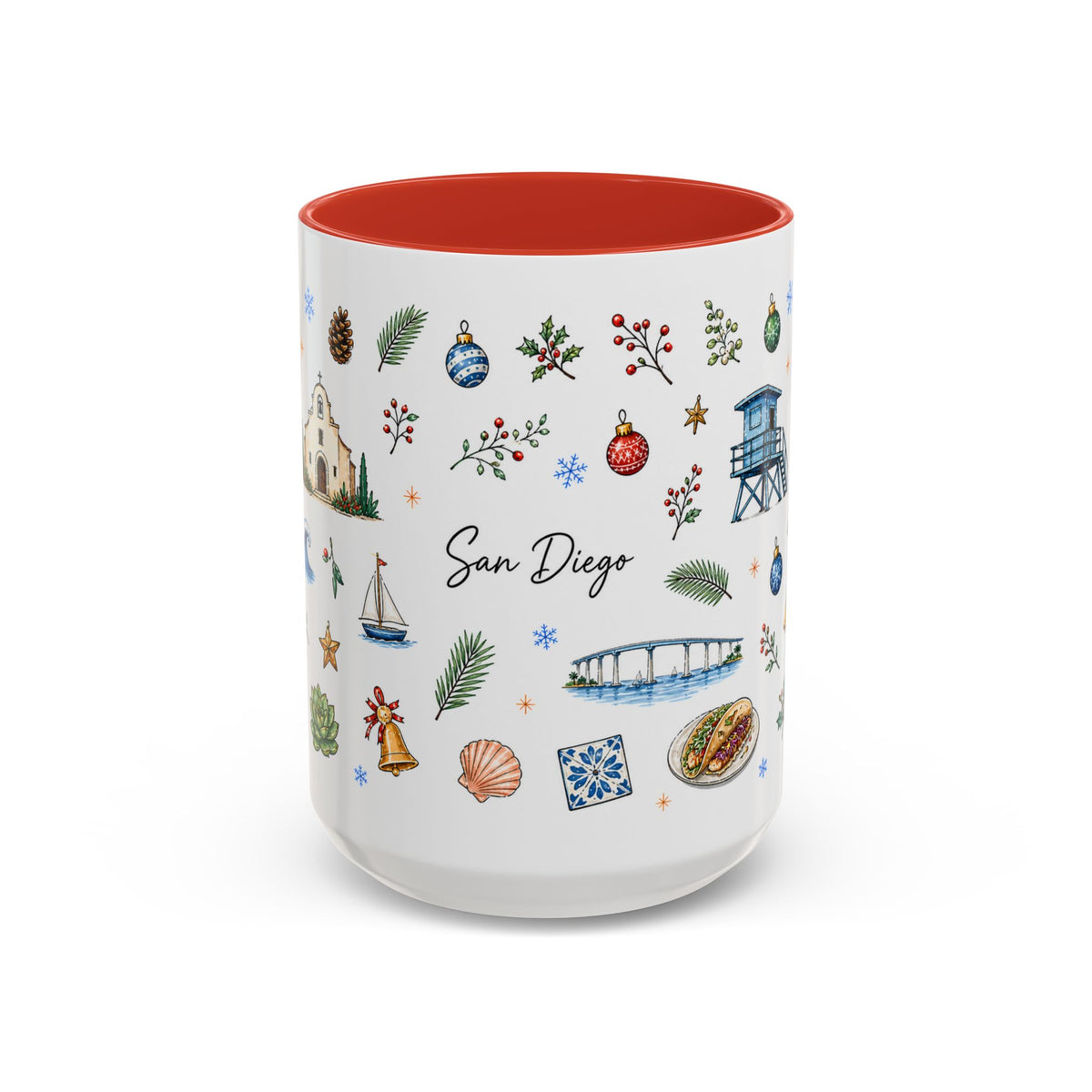 San Diego Christmas Mug | Watercolor City Souvenir, Holiday Travel Gift (11oz/15oz)