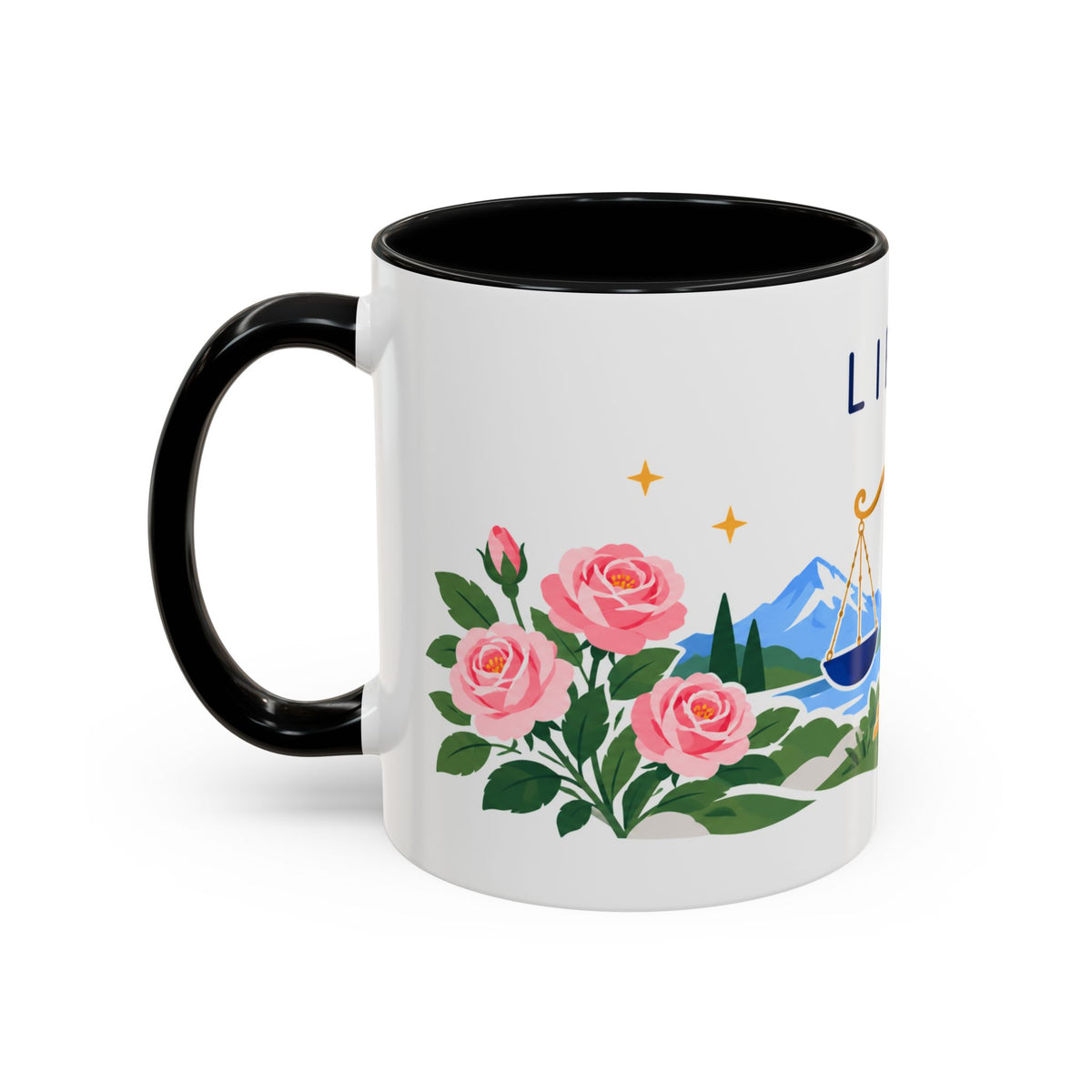 Libra Zodiac Coffee Mug | Scales and Rose Design | Astrology Birthday Gift | 11 oz 15 oz Ceramic Accent Mug