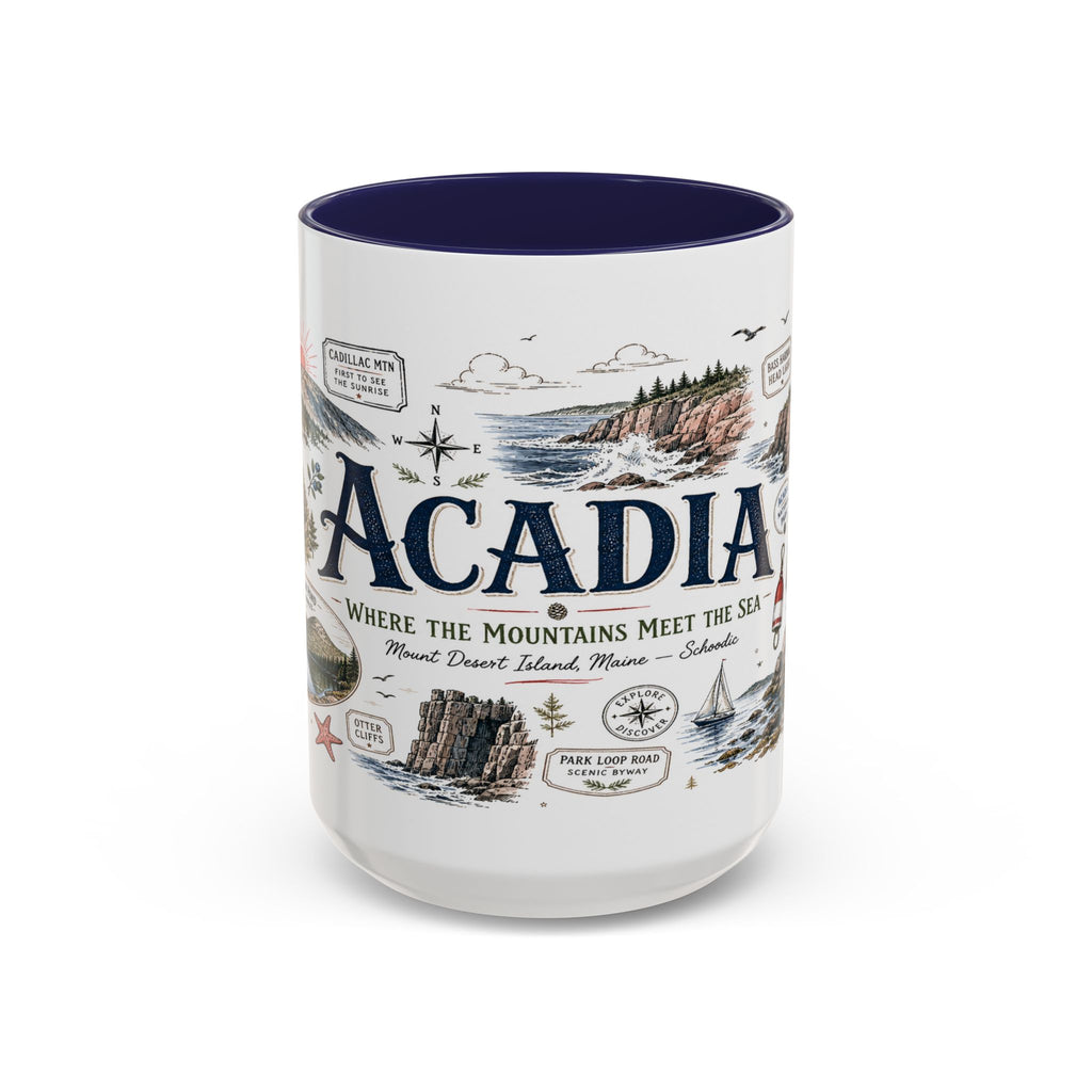 Acadia Coffee Mug | National Park Hiking Coastal Gift | Accent Color Ceramic 11oz 15oz