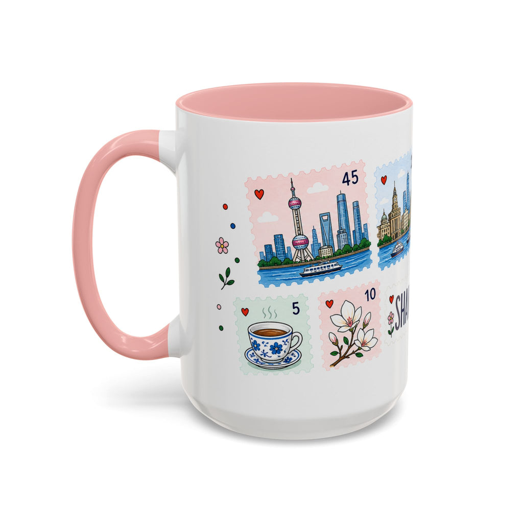 Shanghai Coffee Mug | Postage Stamp Collage Mug | Travel Souvenir Accent Cup 11oz 15oz