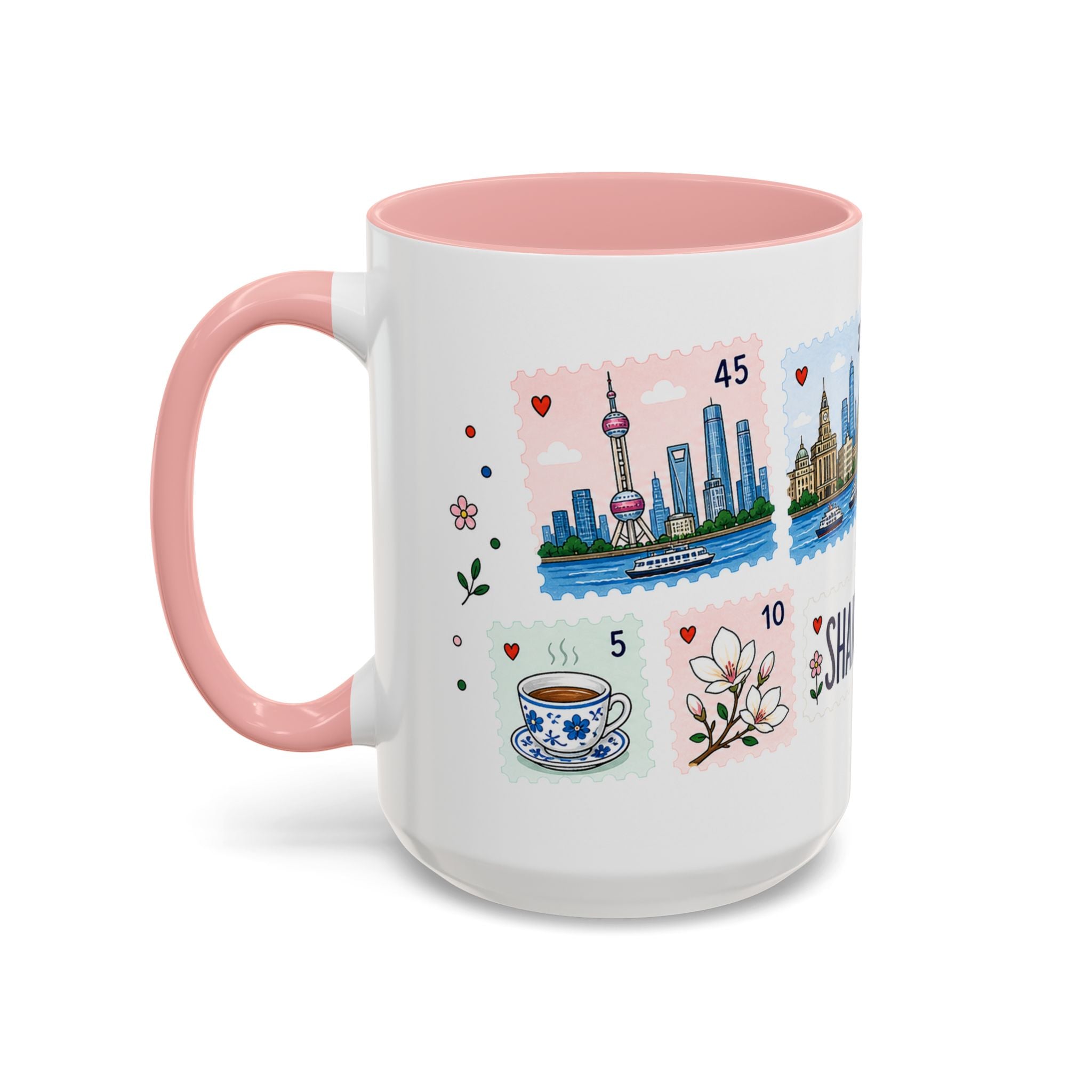 Shanghai Coffee Mug | Postage Stamp Collage Mug | Travel Souvenir Accent Cup 11oz 15oz