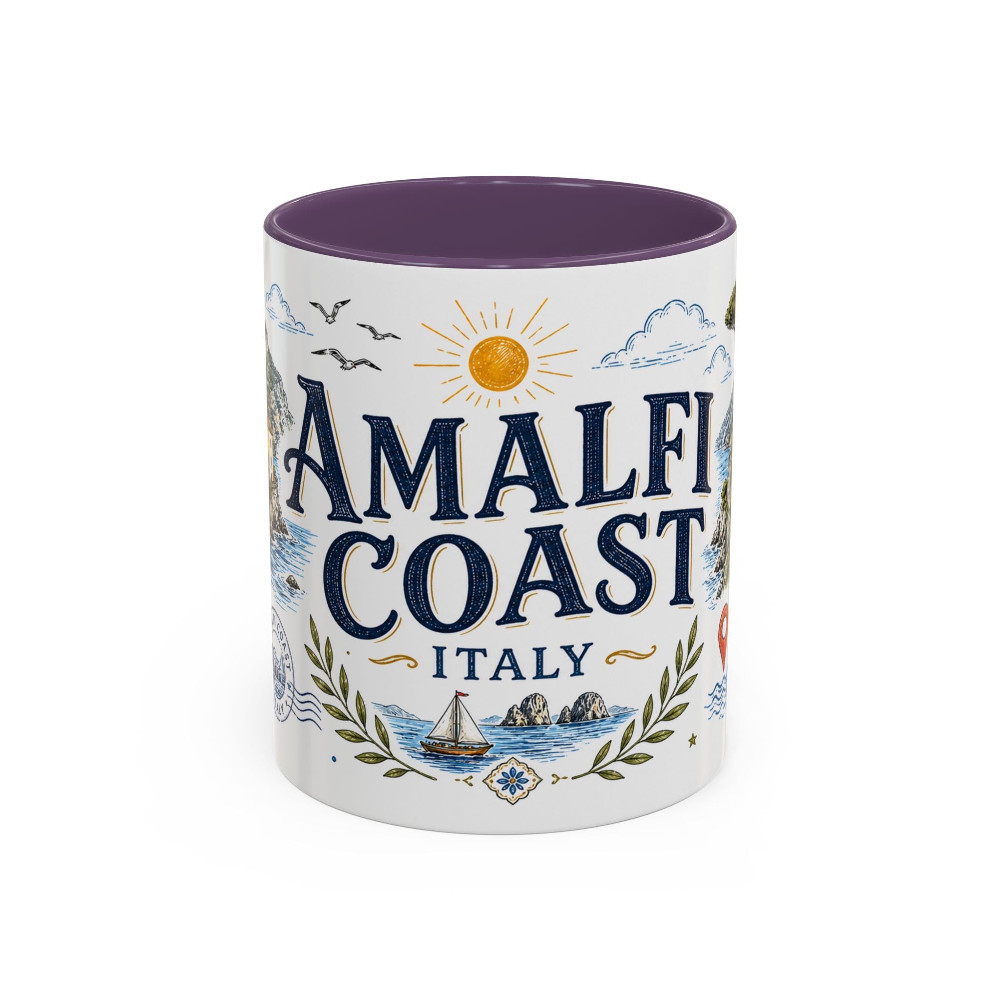 Amalfi Coast Coffee Mug | Travel Destination Souvenir Gift | Accent Color Ceramic 11oz 15oz