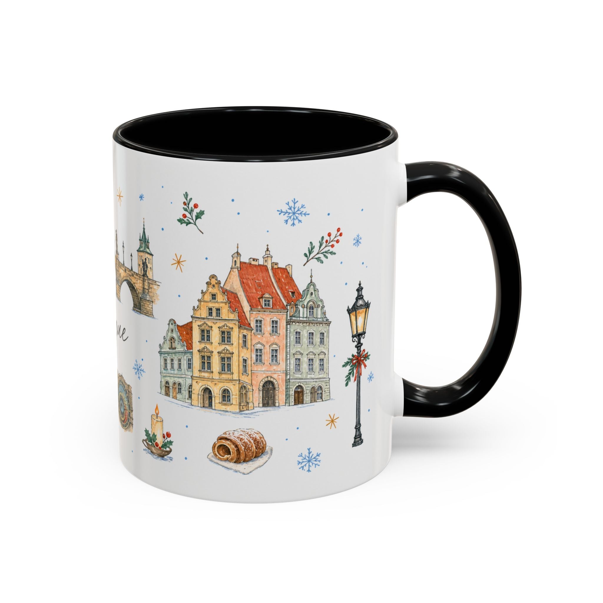 Prague Christmas Mug | Watercolor Travel Souvenir | Holiday Gift | Accent Ceramic Coffee Cup 11oz 15oz
