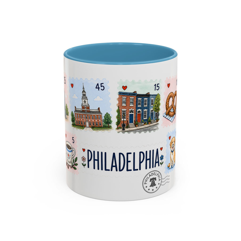 Philadelphia Coffee Mug | Postage Stamp Collage Mug | Travel Souvenir Accent Cup 11oz 15oz