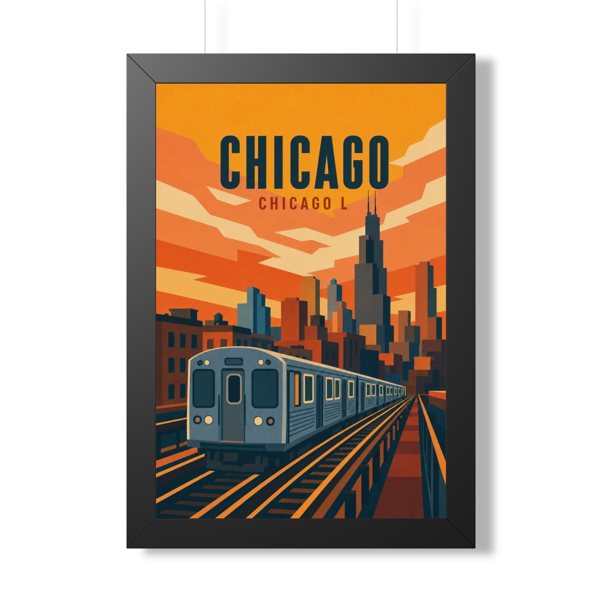 Chicago L Train United States Framed Poster | Vintage Travel Wall Art | Black Walnut White Frame | 16x24 20x30