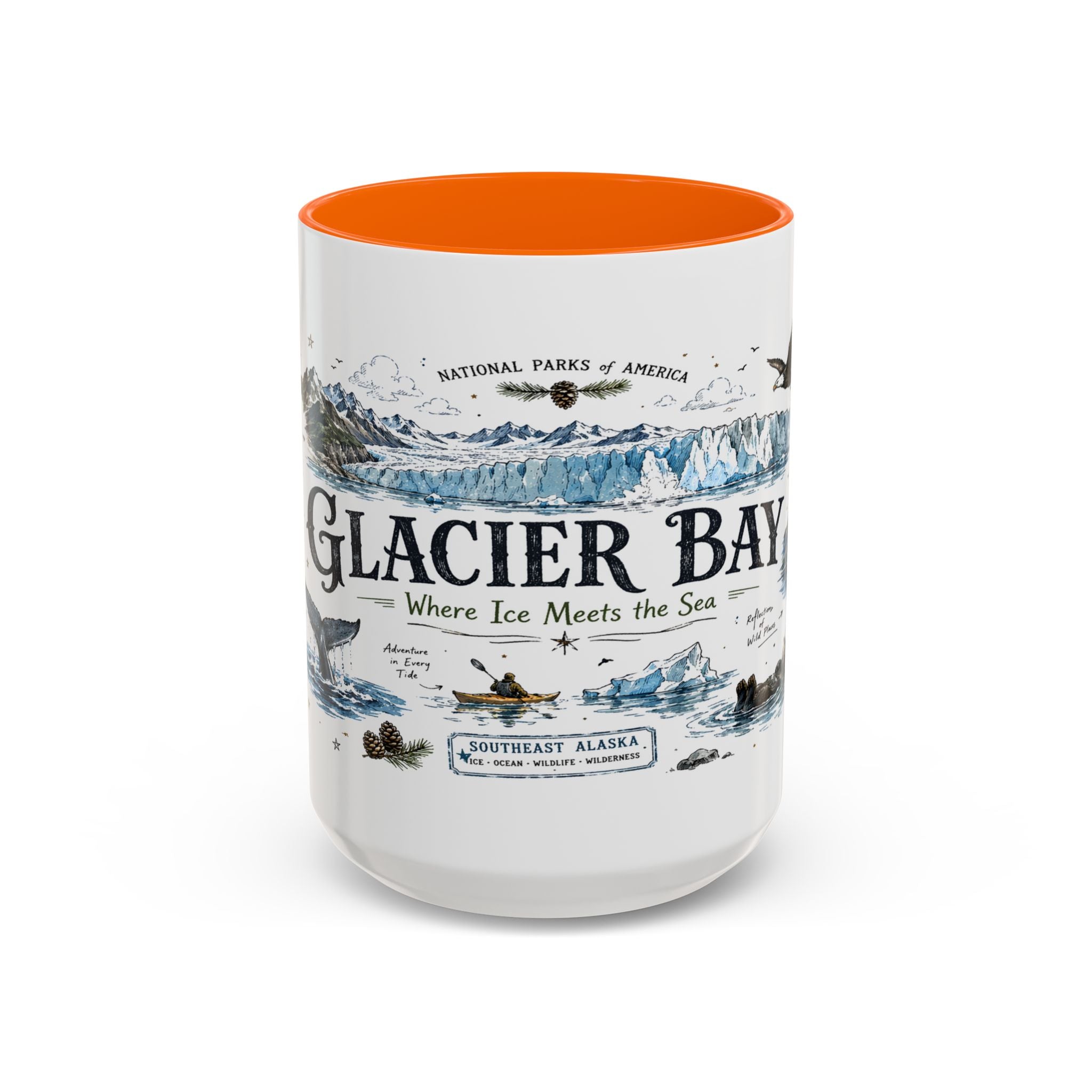 Glacier Bay National Park Coffee Mug | Alaska Wilderness Kayaking Gift | Accent Color Ceramic 11oz 15oz