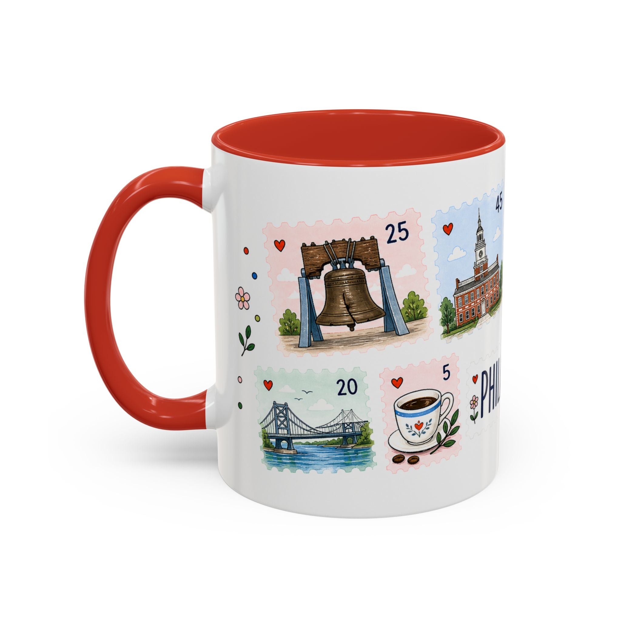 Philadelphia Coffee Mug | Postage Stamp Collage Mug | Travel Souvenir Accent Cup 11oz 15oz