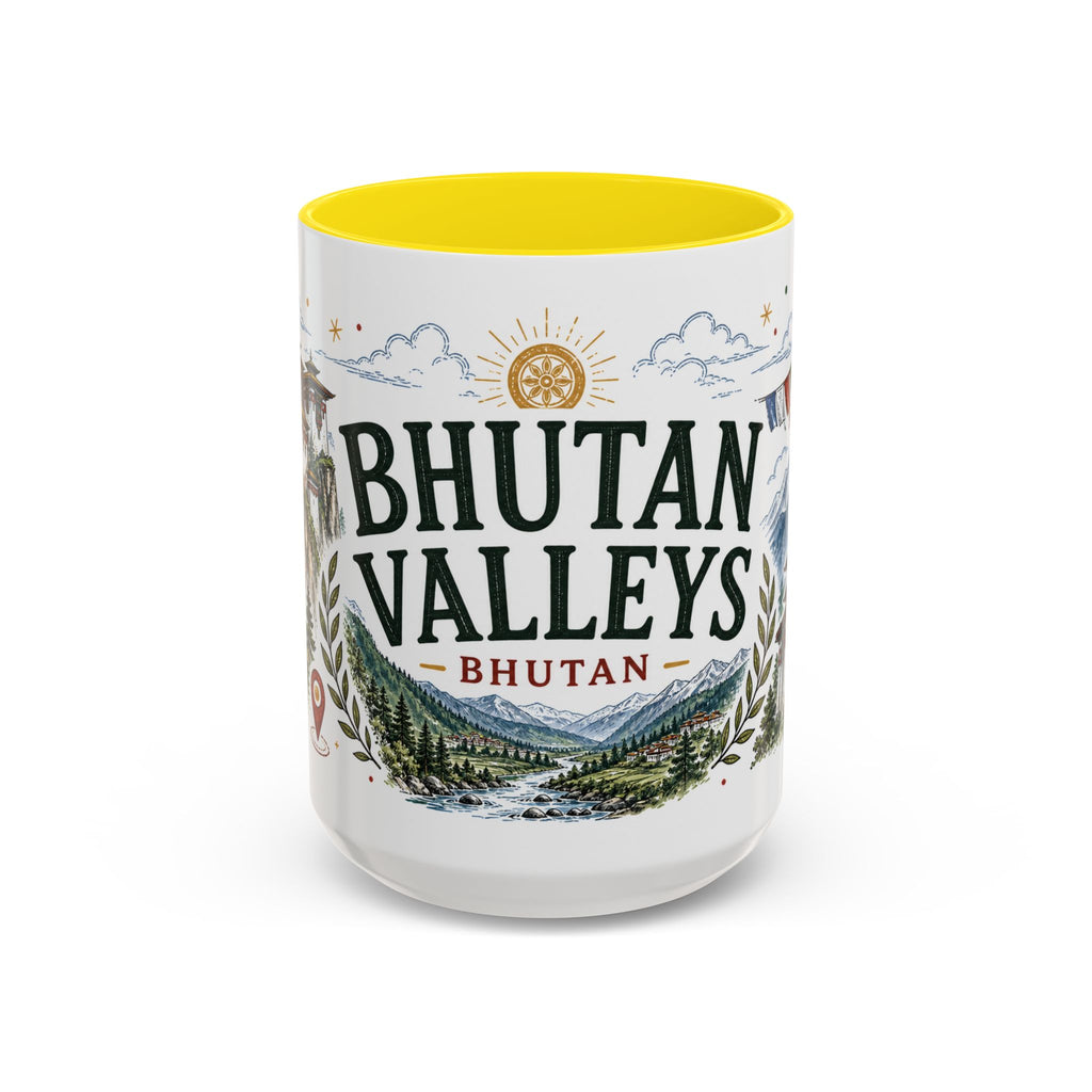 Bhutan Valleys Coffee Mug | Travel Destination Souvenir Gift | Accent Color Ceramic 11oz 15oz