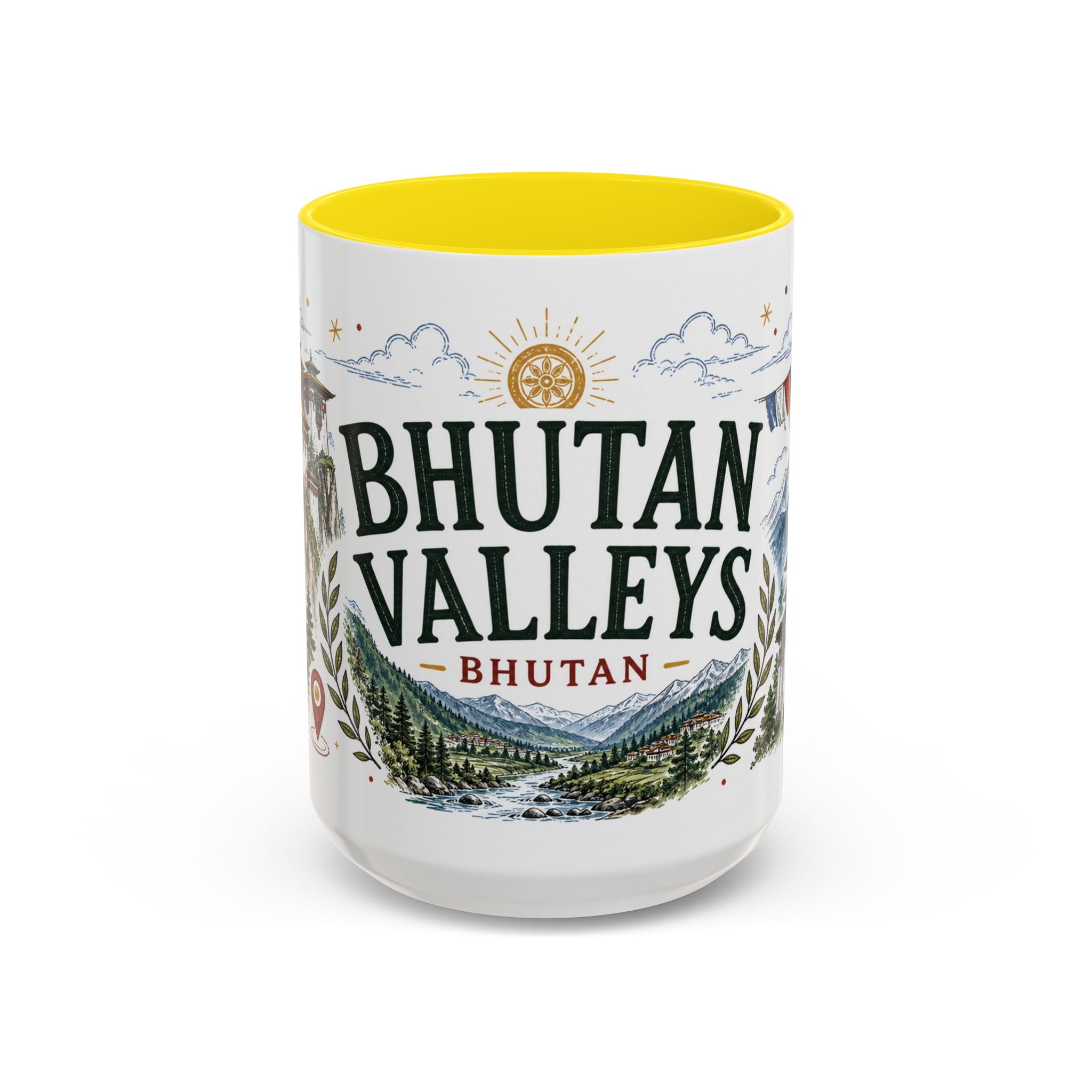 Bhutan Valleys Coffee Mug | Travel Destination Souvenir Gift | Accent Color Ceramic 11oz 15oz