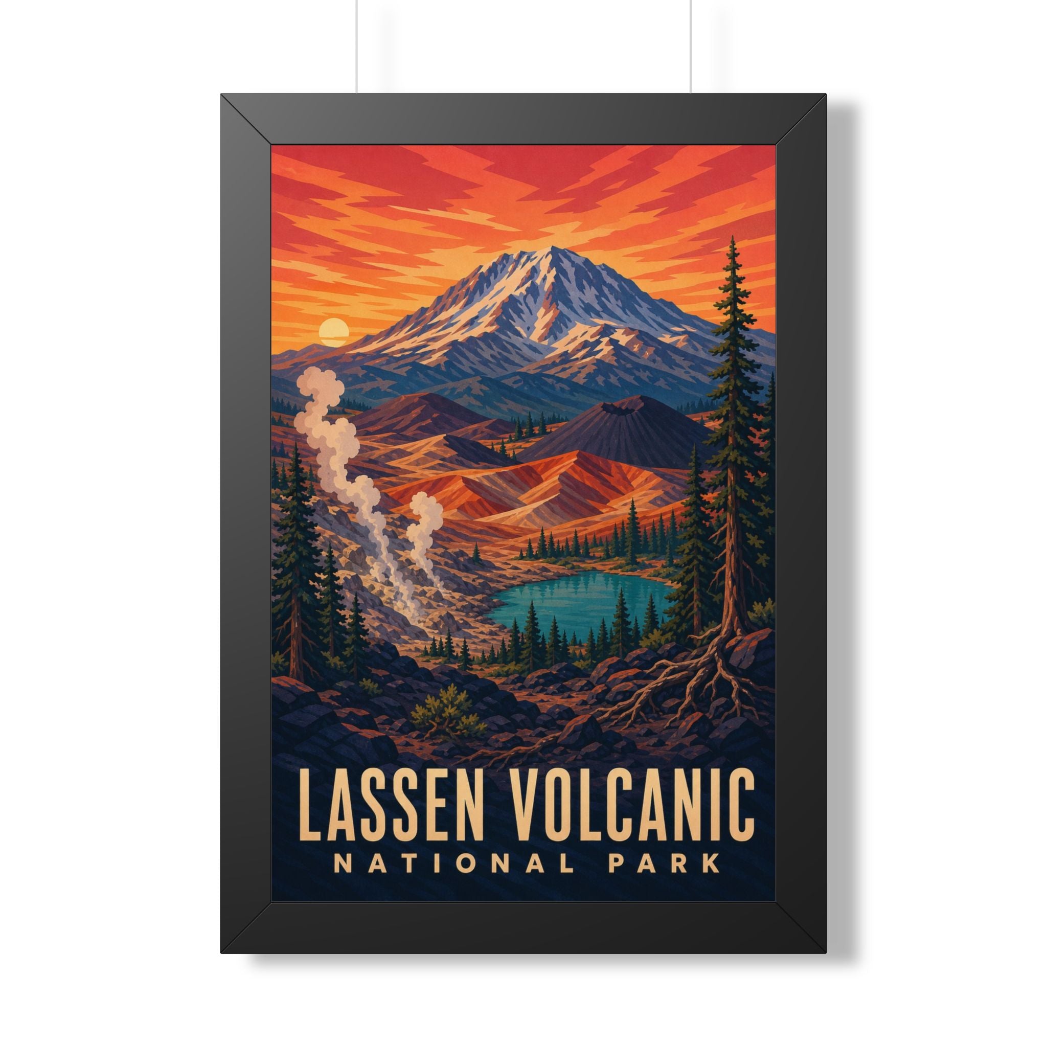 Lassen Volcanic National Park Framed Poster | Vintage Travel Wall Art | Black Walnut White Frame | 16x24 20x30