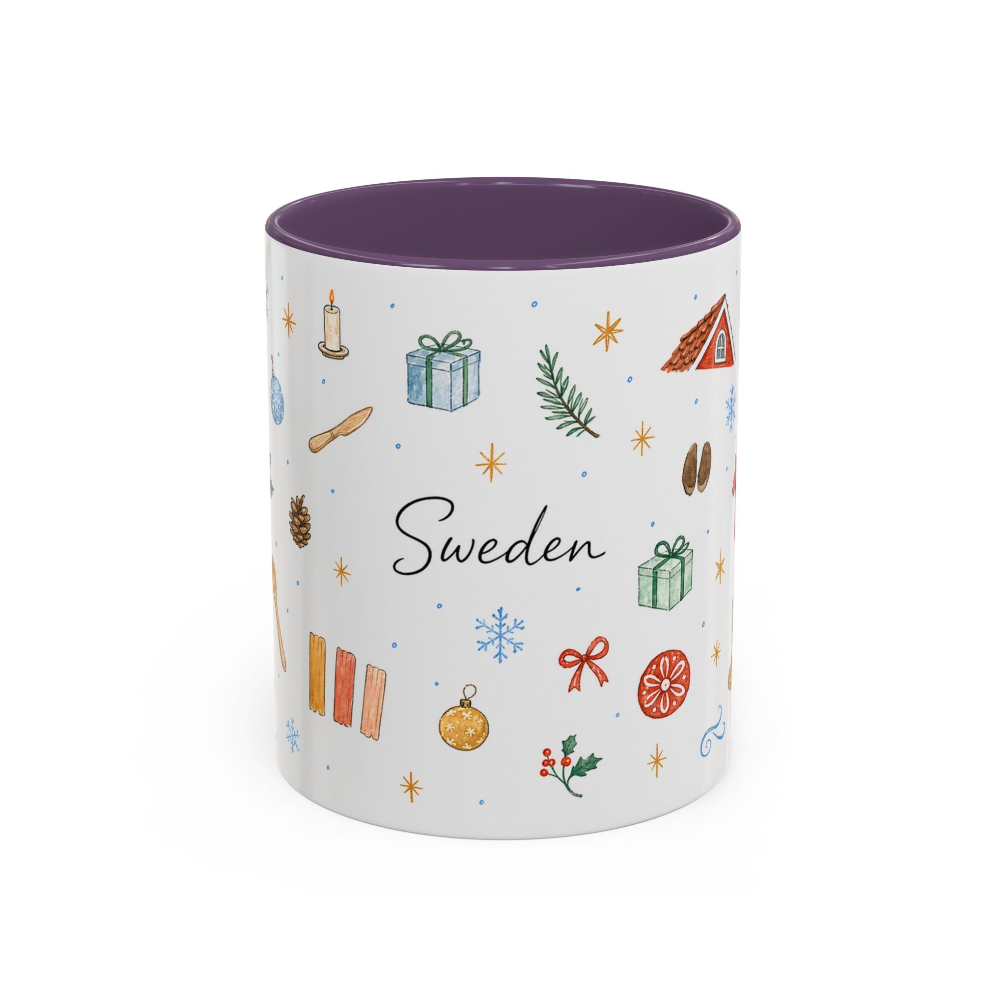 Sweden Christmas Mug | Watercolor Travel Souvenir | Holiday Gift | Accent Ceramic Coffee Cup 11oz 15oz