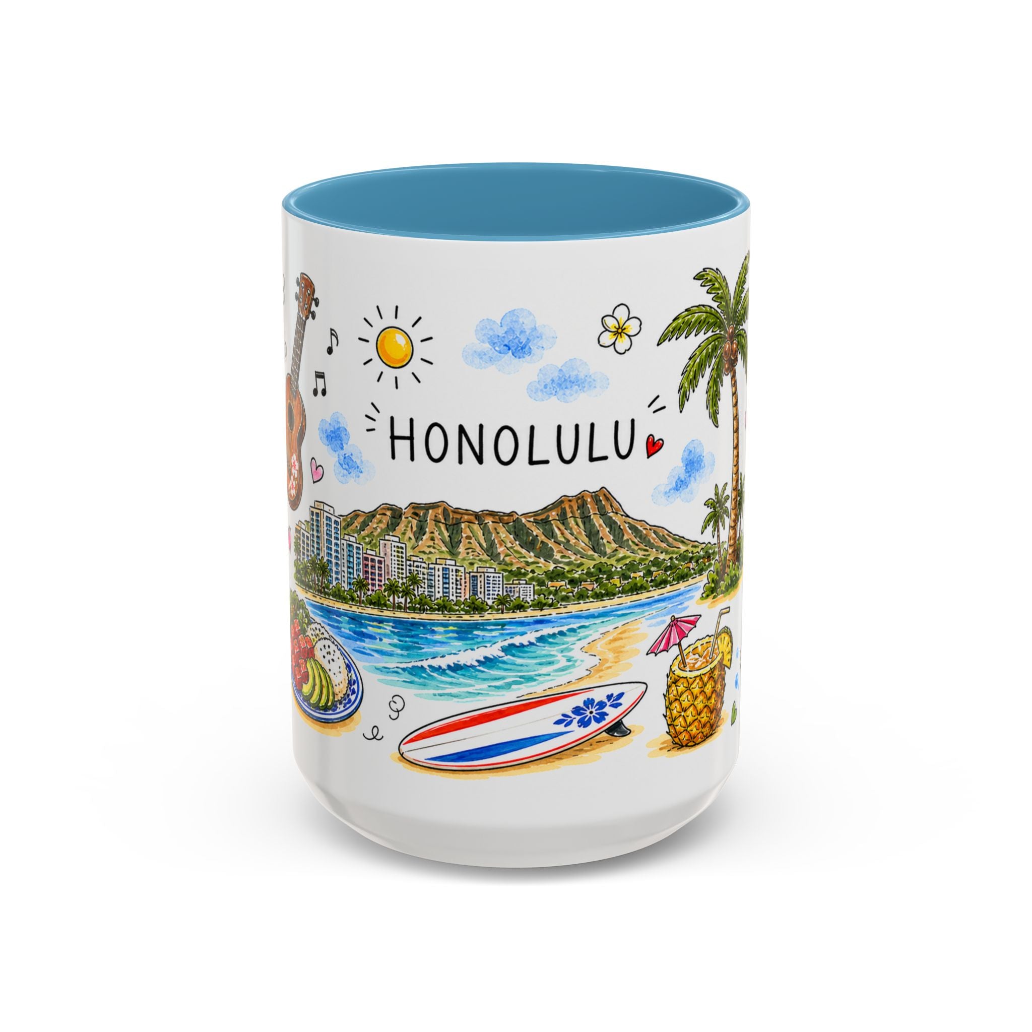 Honolulu Illustrated Travel Mug | City Souvenir Accent Coffee Mug | 11oz 15oz Ceramic Cup