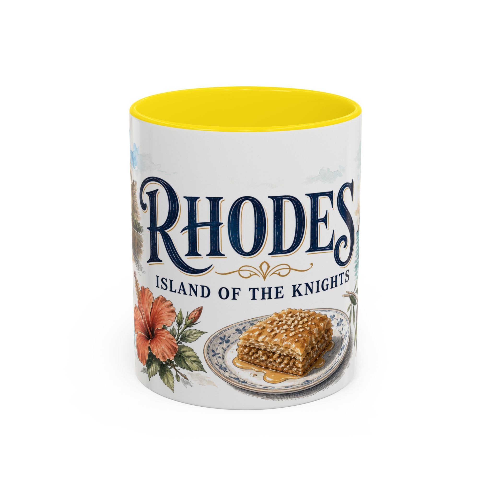 Rhodes Coffee Mug | Greece Travel Souvenir | Vintage Illustrated City Gift | 11 oz 15 oz Accent Mug