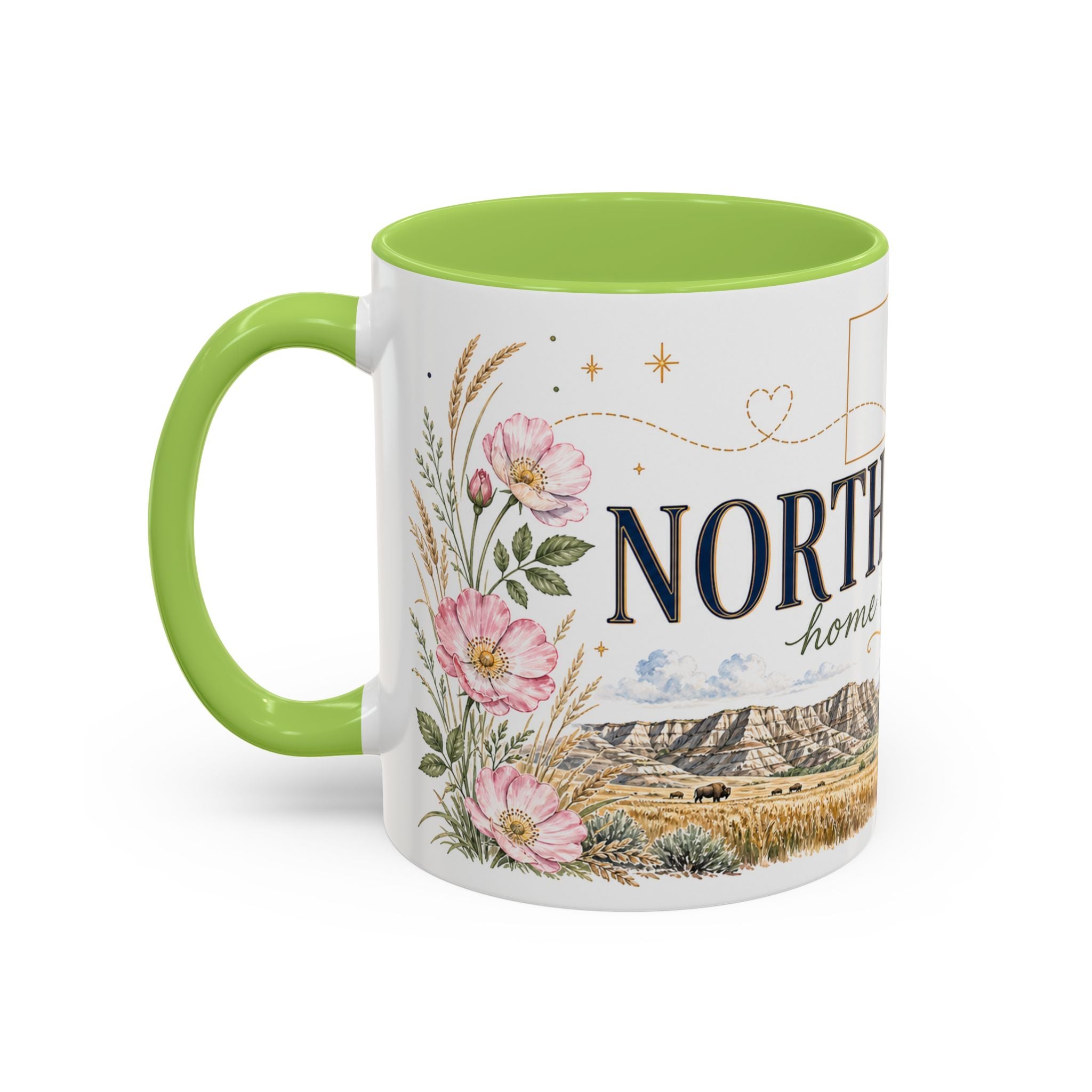 North Dakota State Map Mug | Prairie Rose Botanical Accent Coffee Cup