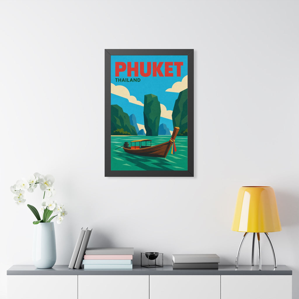 Phuket Thailand Framed Poster | Vintage Travel Wall Art | Black Walnut White Frame | 16x24 20x30