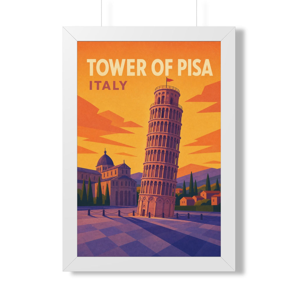 Leaning Tower of Pisa Italy Framed Poster | Vintage Travel Wall Art | Black Walnut White Frame | 16x24 20x30