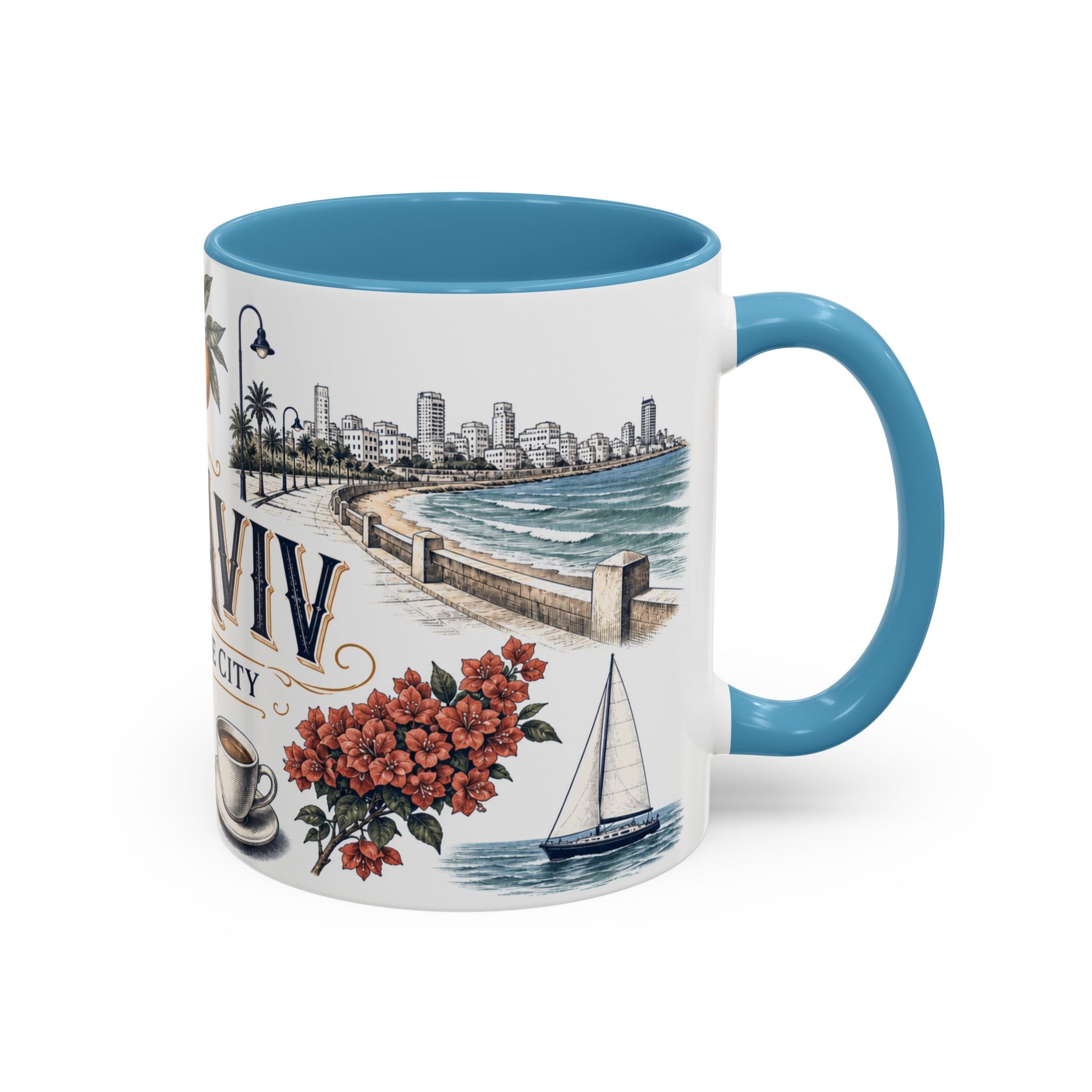 Tel Aviv Coffee Mug | Israel Travel Souvenir | Vintage Illustrated City Gift | 11 oz 15 oz Accent Mug