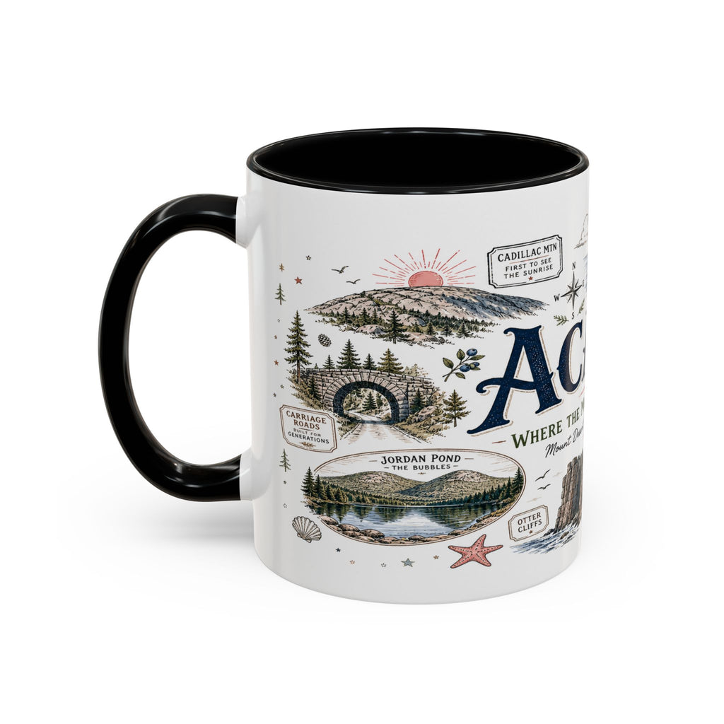 Acadia Coffee Mug | National Park Hiking Coastal Gift | Accent Color Ceramic 11oz 15oz