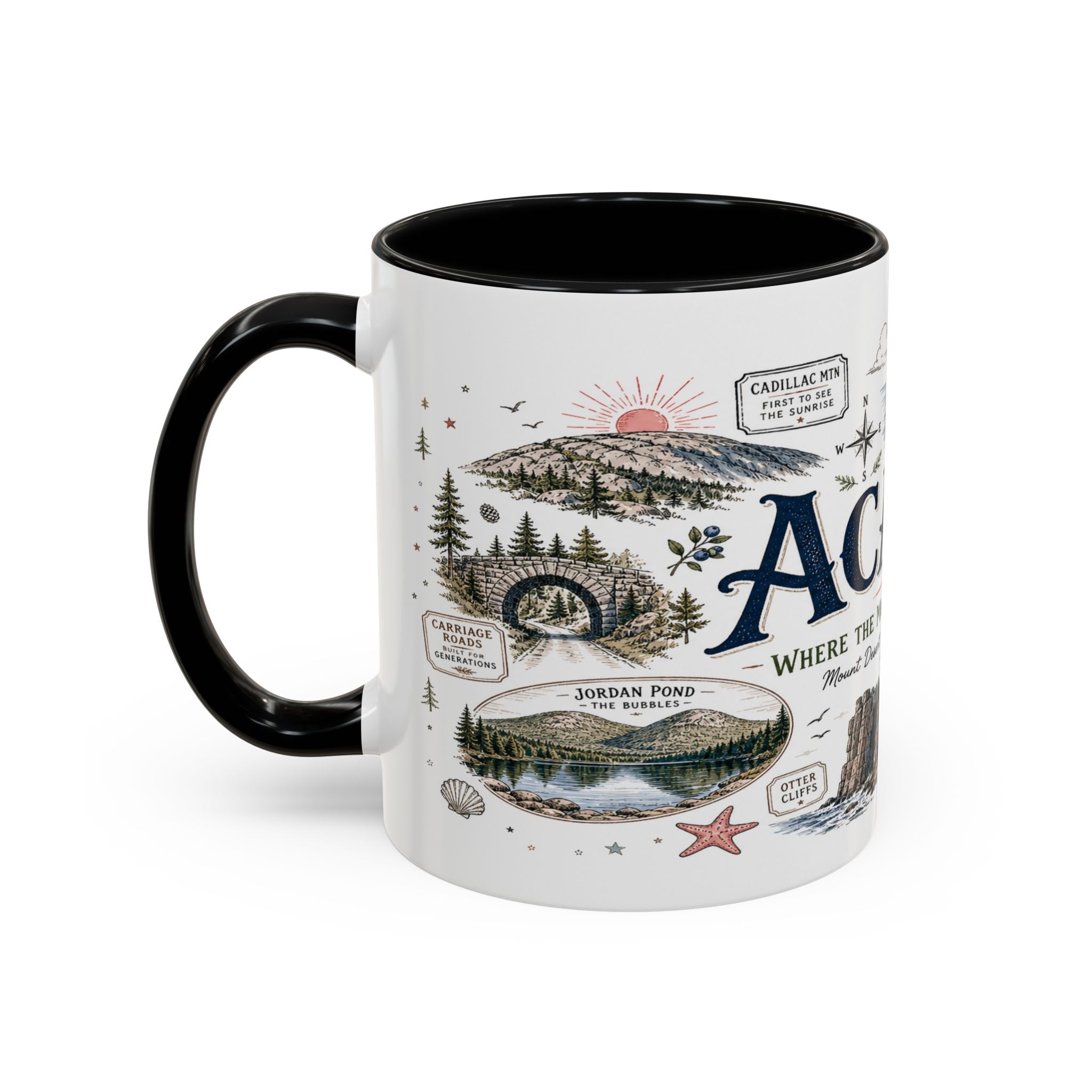 Acadia Coffee Mug | National Park Hiking Coastal Gift | Accent Color Ceramic 11oz 15oz