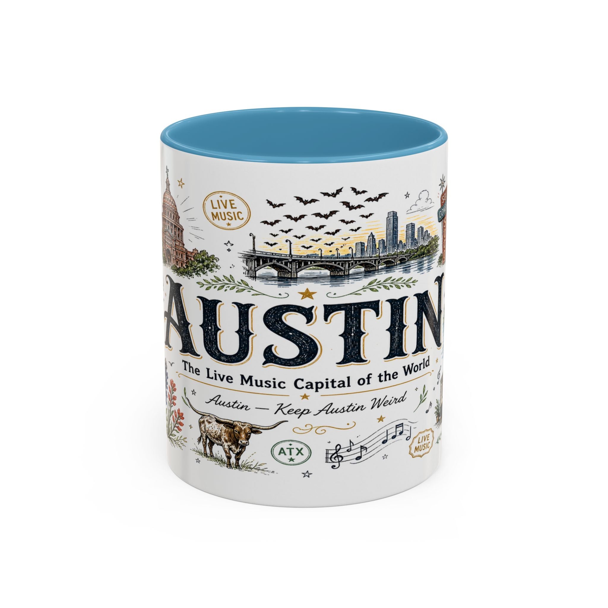 Austin Coffee Mug | Texas Souvenir City Gift | Accent Color Ceramic 11oz 15oz