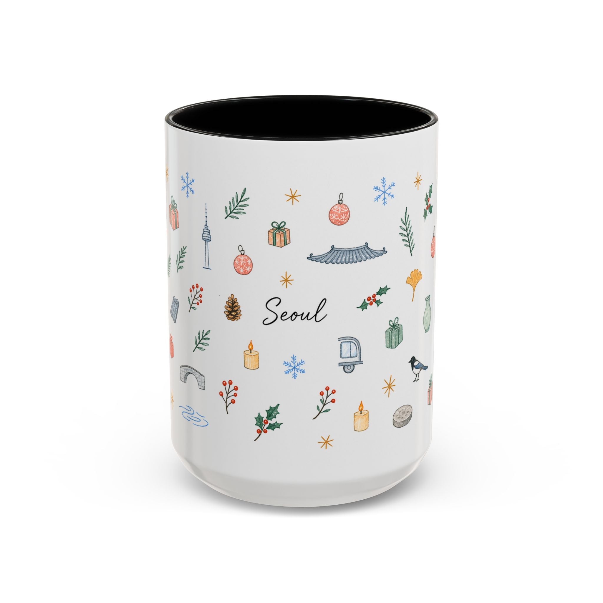 Seoul Christmas Mug | Watercolor Travel Souvenir | Holiday Gift | Accent Ceramic Coffee Cup 11oz 15oz